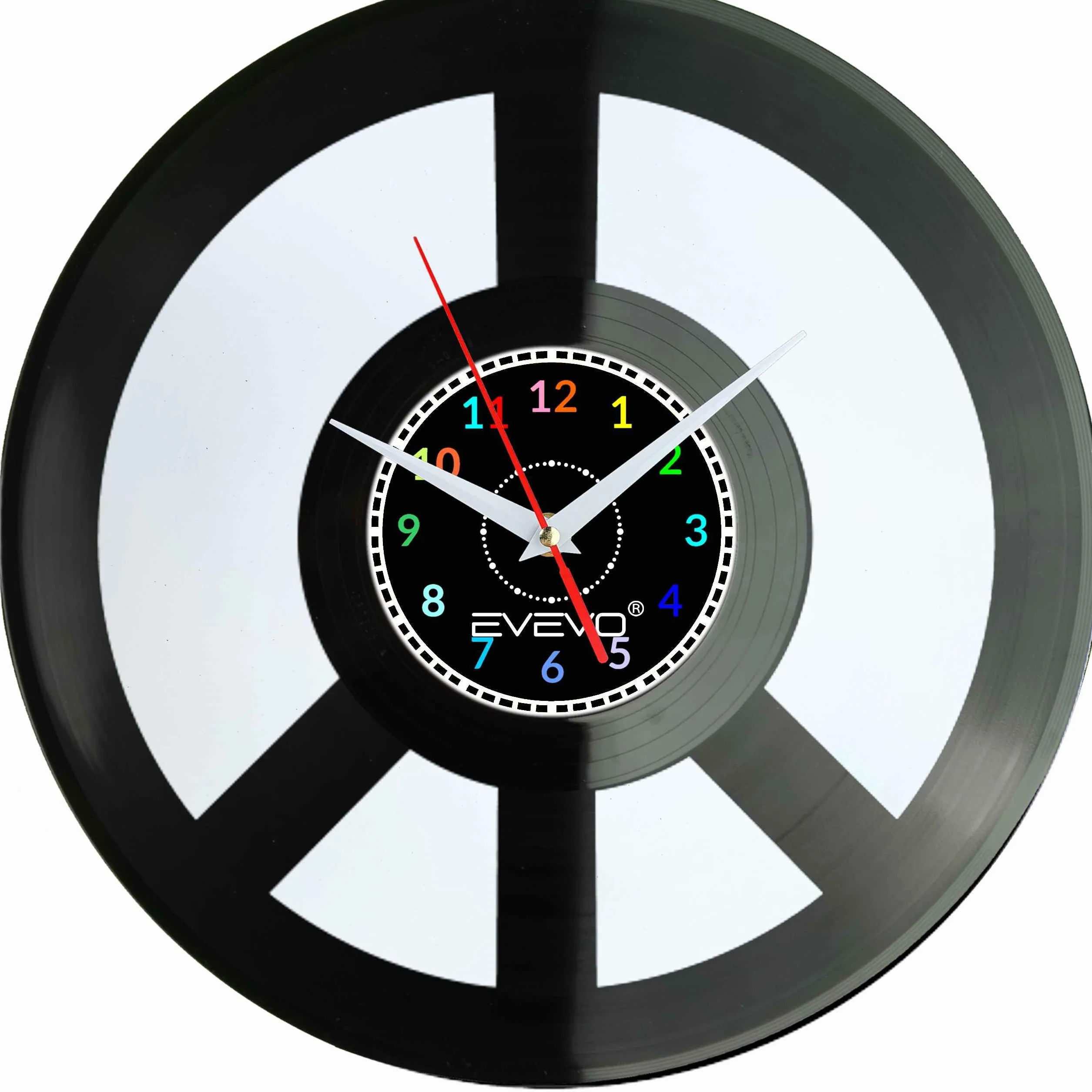 ZEGAR ŚCIENNY PEACE ZNAK POKOJU PACYFIZM FLUORESCENCYJNE TŁO PŁYTA WINYLOWA PREZENT UPOMINEK URODZINY GIFT SOUVENIR EVEVO F0040