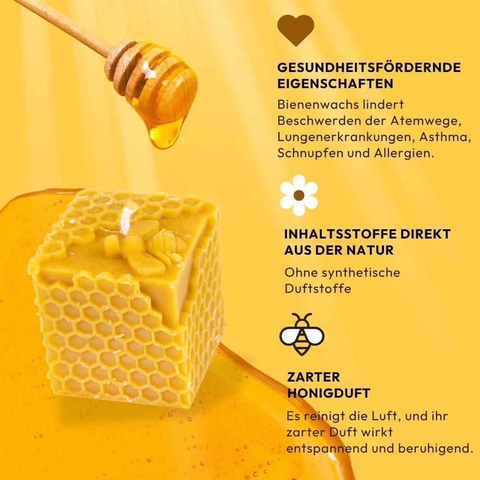 BeesWax World ręcznie wykonana – z bawełnianym knotem – 100% wosku pszczelego – dekoracyjna i trwała – różne kształty do wyboru (Pszczeli Sześcian)