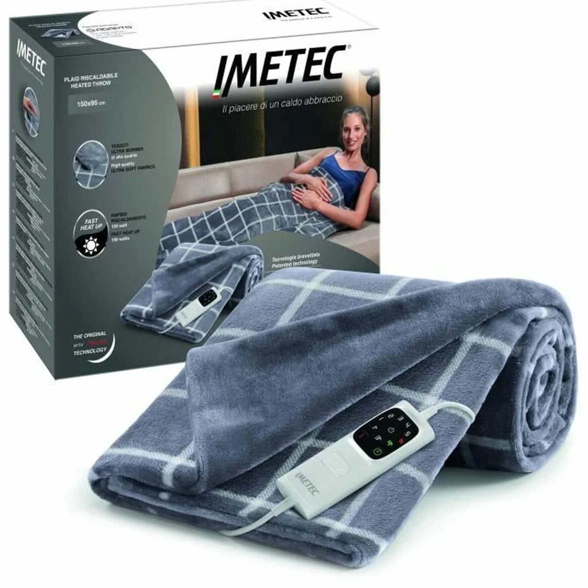 Imetec CaldoPlaid Velvet Square Plaid Ogrzewany, Miękki Koc Elektryczny 150x95 cm, Niskie Zużycie Technologii, Urządzenie Bezpieczeństwa, Szybkie Ogrzewanie, 6 Temperatur, Zmywalny