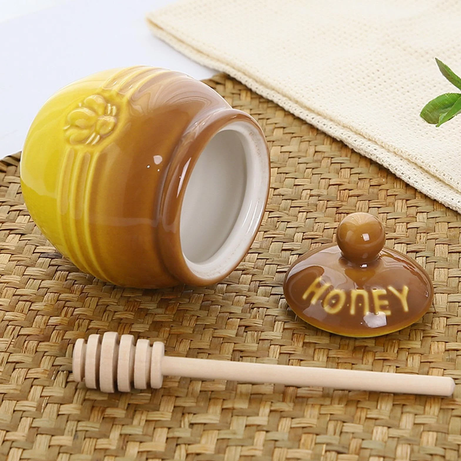 Porcelanowy garnek na miód, ceramiczny słoik na miód z drewnianym pojemnikiem