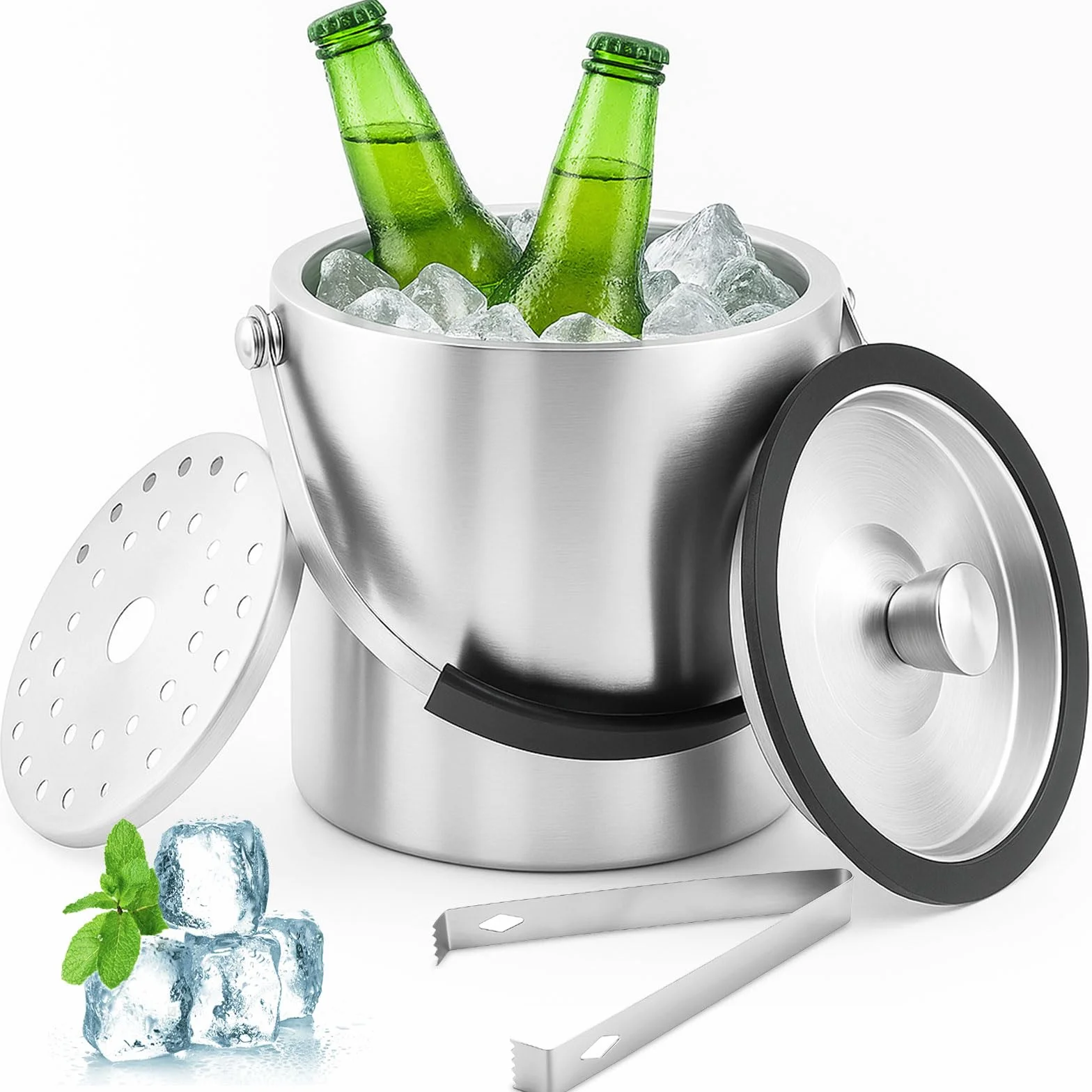 Pojemnik na kostki lodu 1,6 l, stal nierdzewna, z hermetyczną pokrywką, sitko i szczypce do lodu, stal nierdzewna, podwójne ścianki izolowane do chłodzenia butelek, przenośny pojemnik na lód