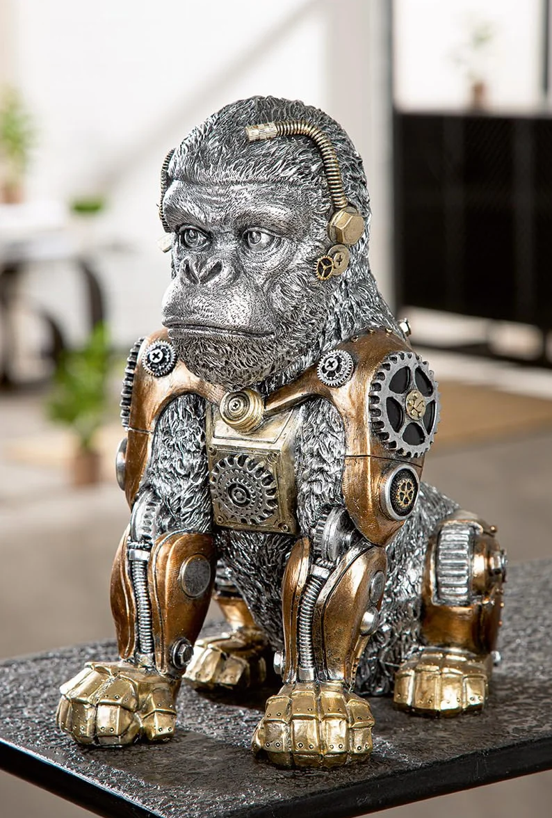GILDE Figurka Steampunk goryl z żywicy syntetycznej, kolor srebrny, antyczne wykończenie, metaliczny wygląd, motyw koła zębatego, wysokość 31 cm