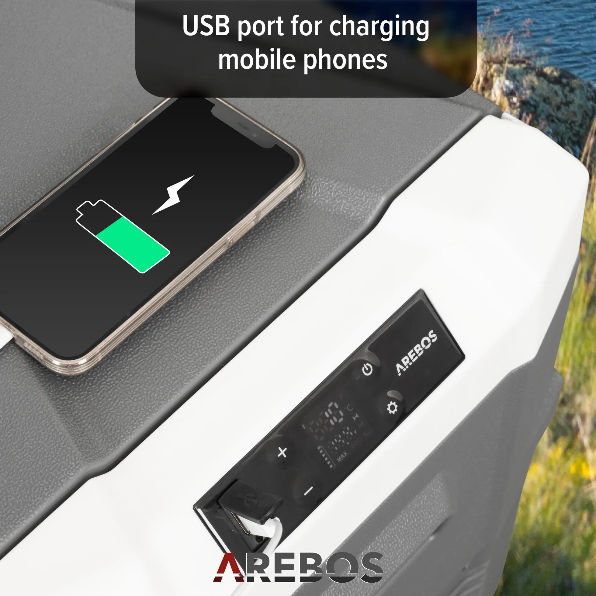 Arebos Lodówka kompresorowa, 35 l | elektryczna zamrażarka z aplikacją i inteligentnym sterowaniem |mobilna lodówka ze złączem USB | do -20 °C | 12/24 V, 230 V | do samochodu, ciężarówki, kempingu