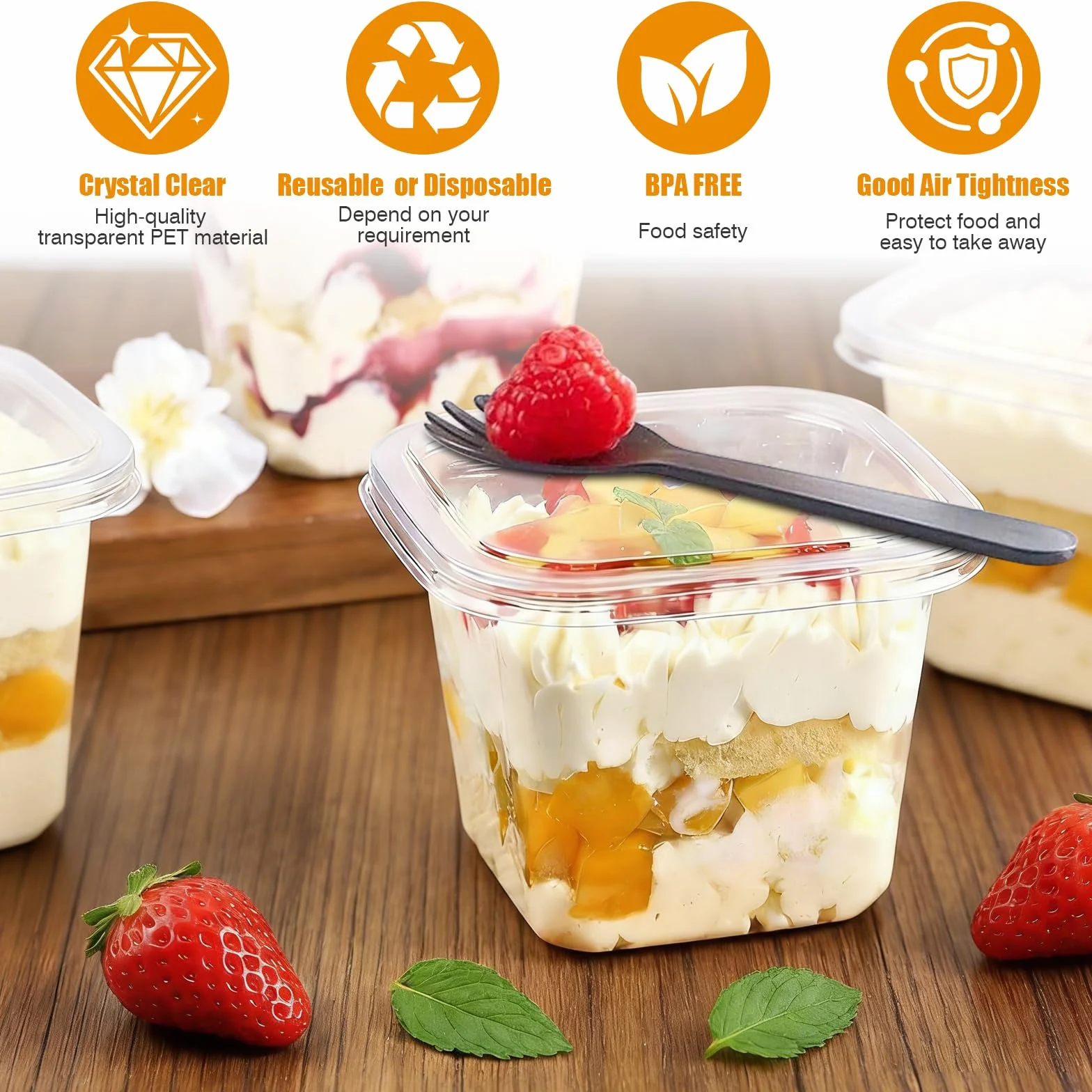 50 sztuk plastikowych kubków deserowych z pokrywką, 360 ml, prostokątne, plastikowe, z łyżeczkami, miseczki deserowe, wielokrotnego użytku, do deserów, puddingu, musu
