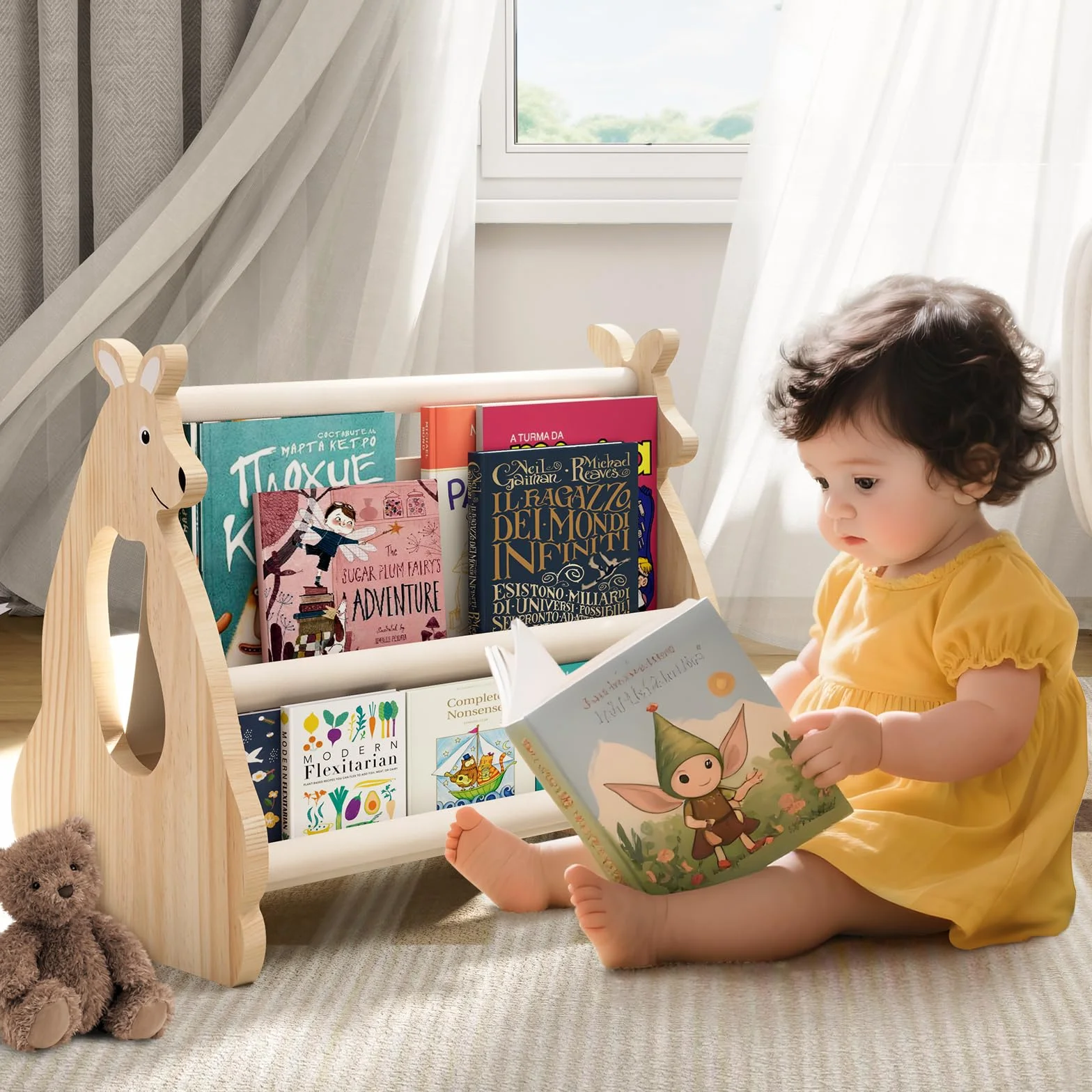 EURYUNG Montessori regał na książki dla dzieci z drewna – regał do pokoju dziecięcego, meble do pokoju dziecięcego, organizer na książki do pokoju dziecięcego | przechowywanie książek dla niemowląt