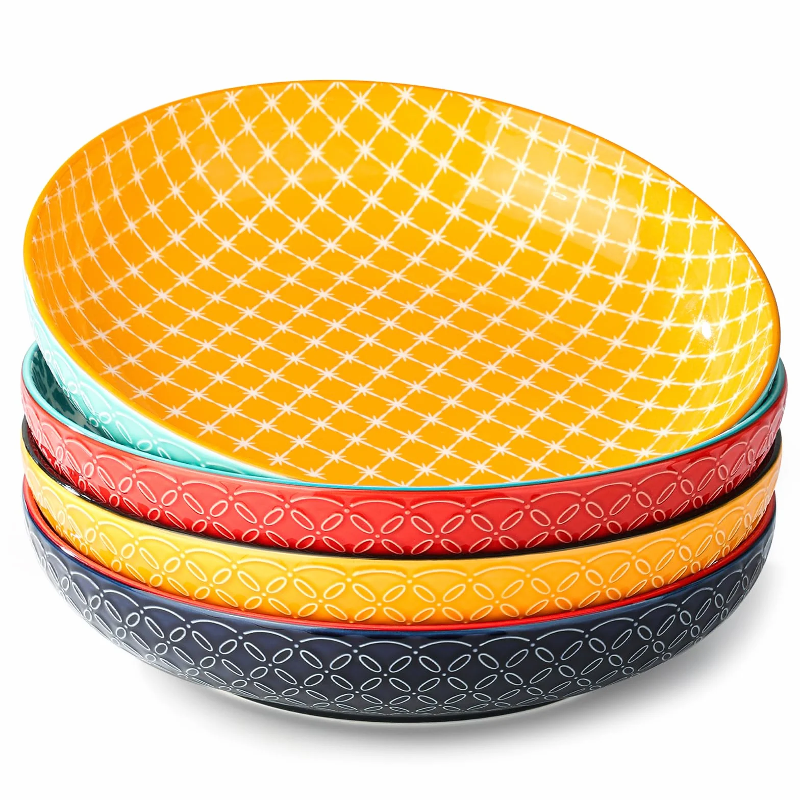 DOWAN Tłoczona żywa miska do makaronu, zestaw 4 szt. (żywy kolor, 25 cm)