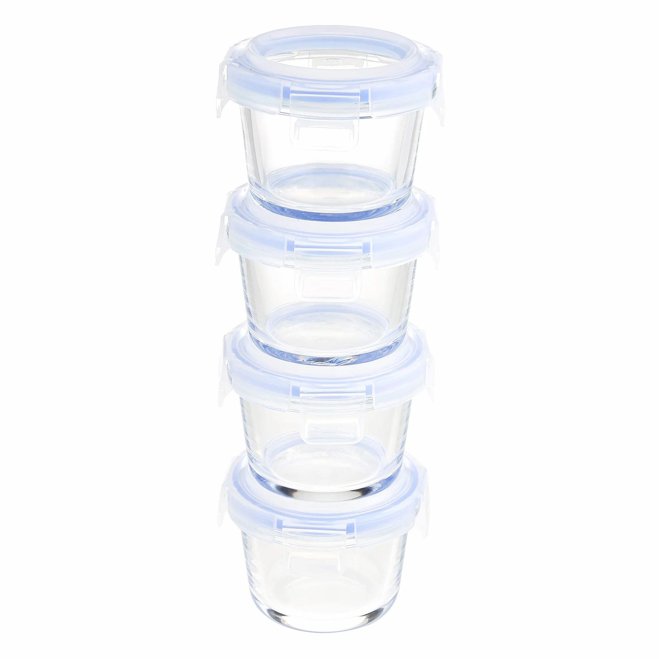 Amazon Basics ABL001 8-częściowy zestaw szklanych pojemników do przechowywania, 144 ml, zestaw 4 pojemników, przezroczystych z niebieskimi pokrywkami