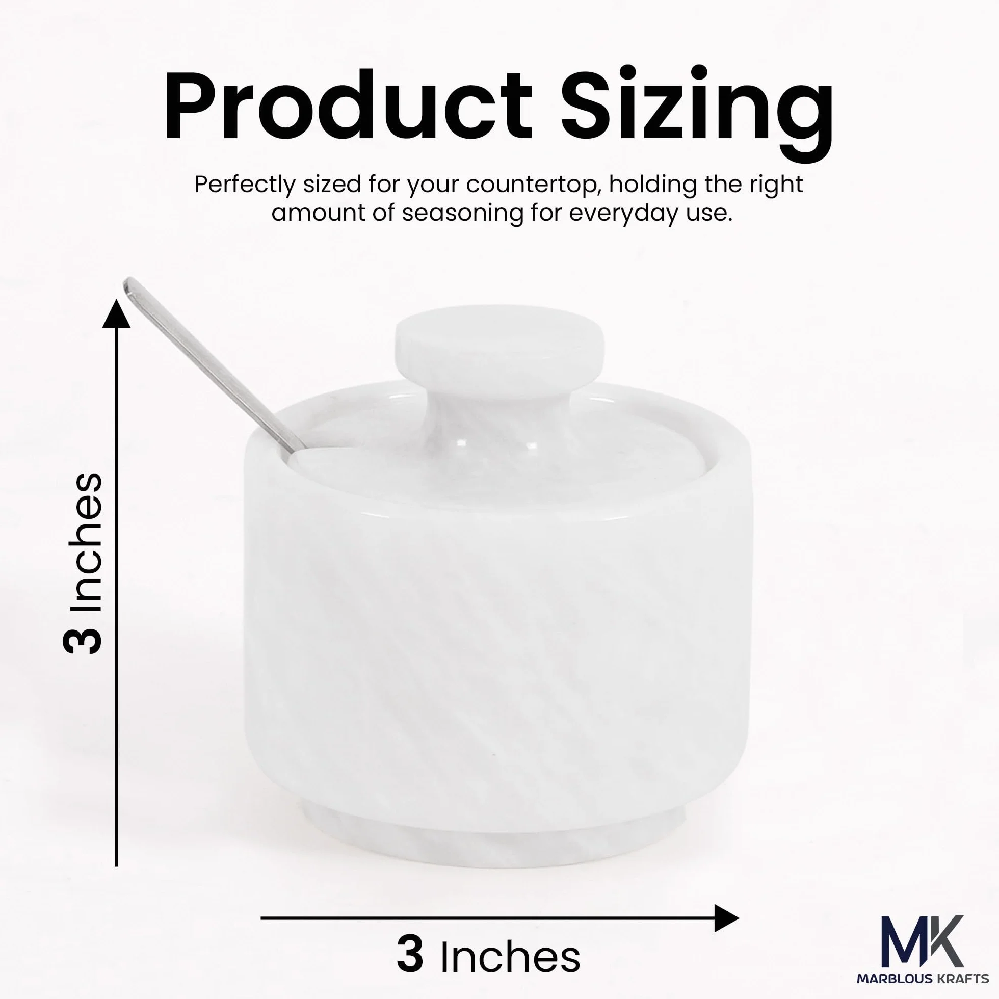 MARBLOUS KRAFTS Marmurowa piwnica na sól z pokrywką i łyżeczką 7,6 cm biały mały pojemnik na sól, słoik na przyprawy, blat do przechowywania przypraw, idealny do pudełka na sól, słoik na cukier