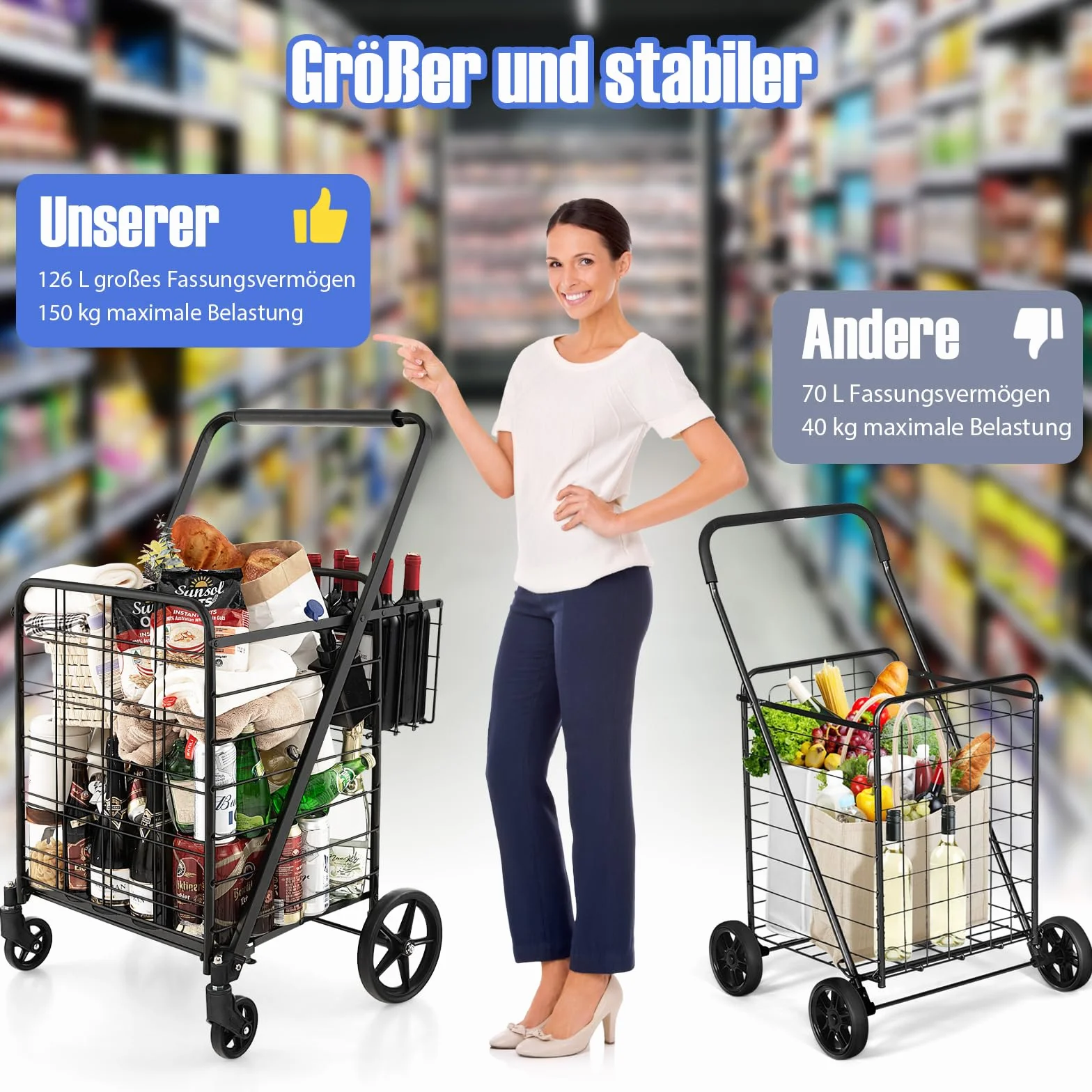 COSTWAY Wózek na zakupy składany, wózek na zakupy na kółkach, ze zdejmowaną torbą Oxford i 2 koszami, wózek ręczny, obciążenie 150 kg, wózek uniwersalny, do prania, zakupów, bagażu (czarny)
