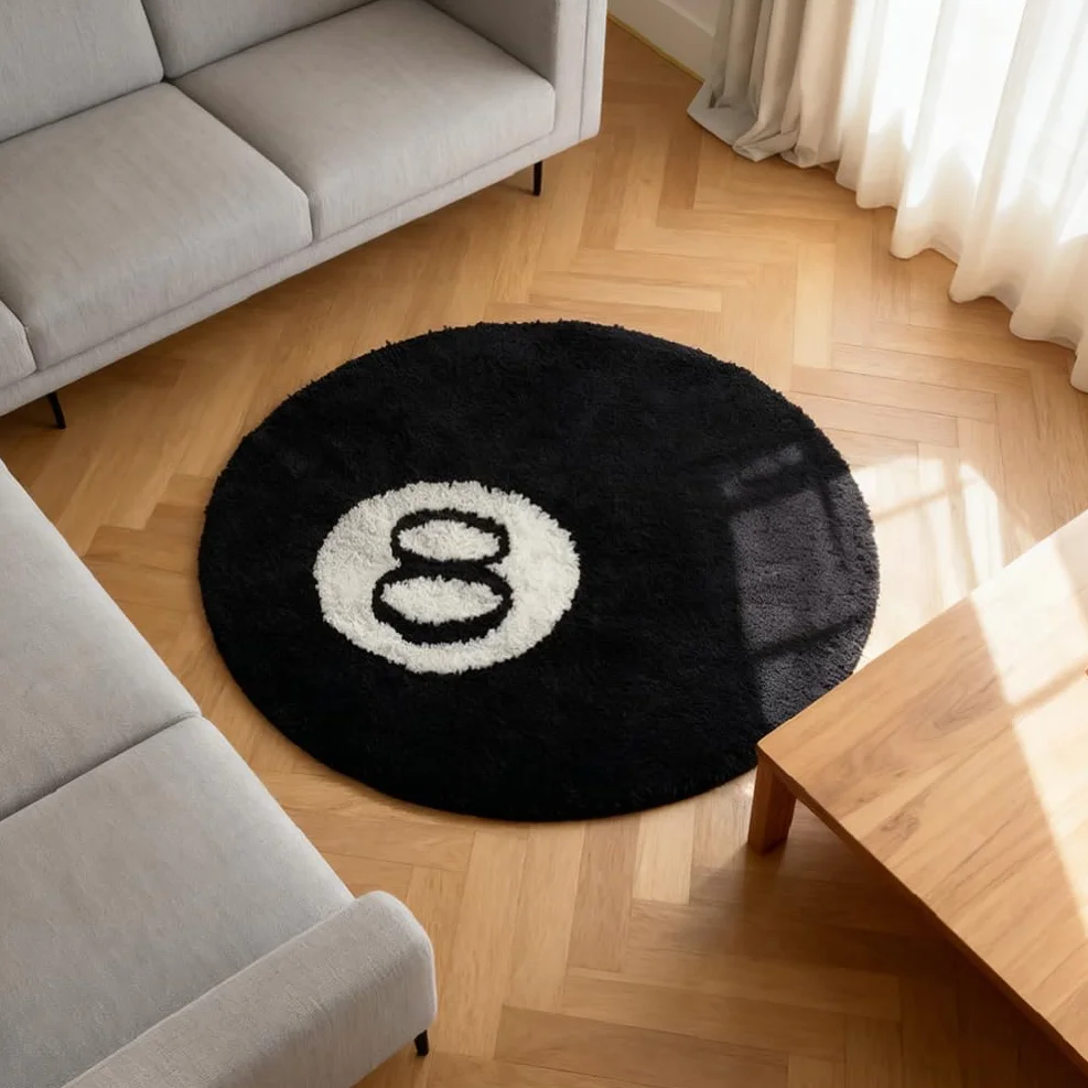 Dywan bilardowy z 8 kulami, okrągły, 60 x 60 cm, 8 piłek, z mikrofibry, tufting, miękki, antypoślizgowy, czarny, bilardowy, nadaje się do prania, fajny dywan do salonu, sypialni, pokoju młodzieżowego