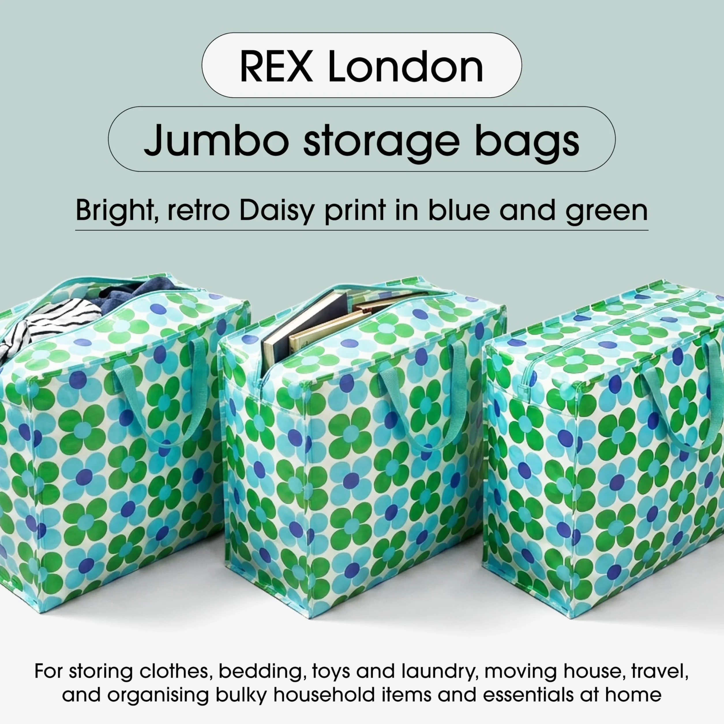 Rex London - Gigantyczna torba XXL, torba do przechowywania z zamkiem błyskawicznym, kolorowy wzór (Daisy blue/green)