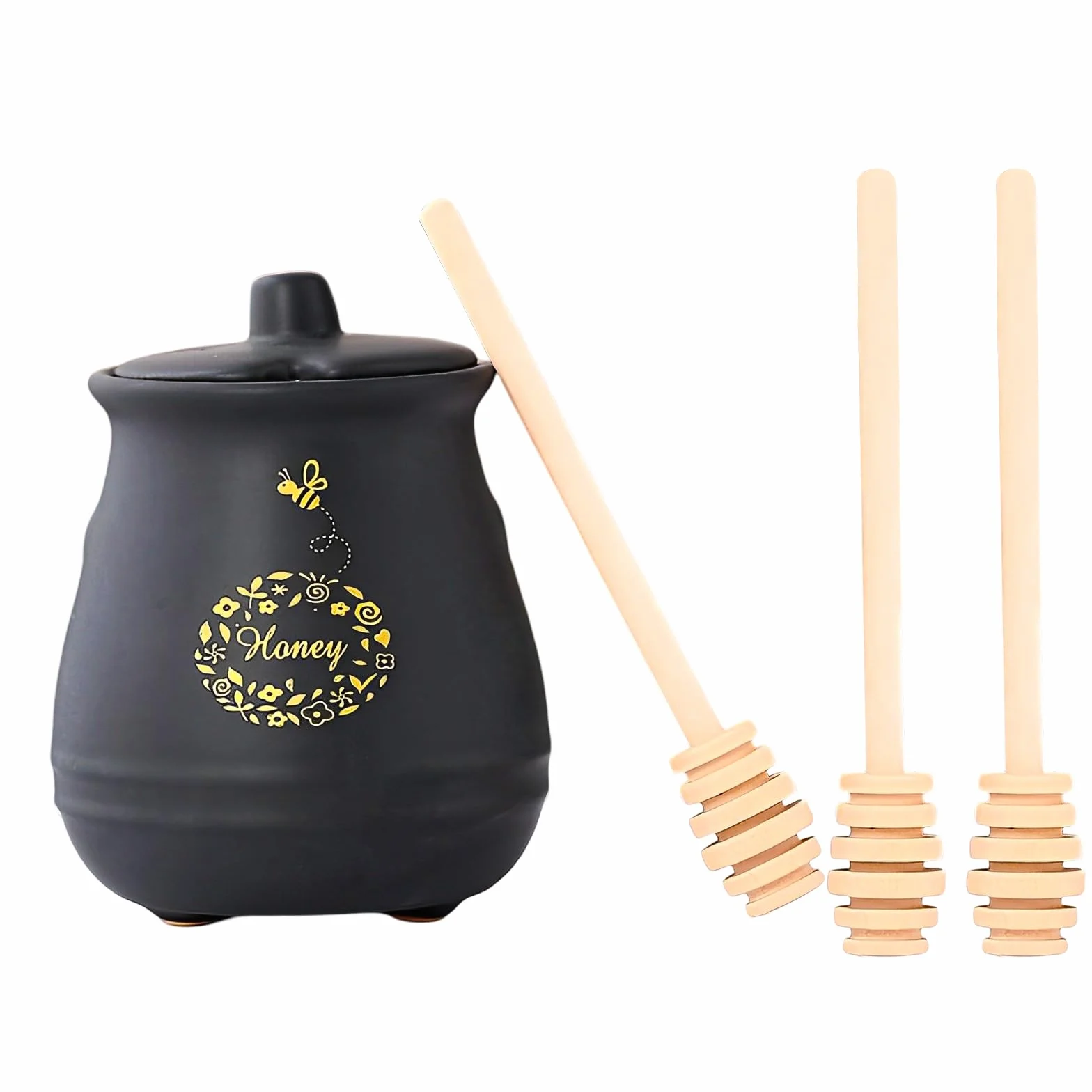 Garnki do miodu porcelanowe, ceramiczne garnki na miód 300 ml, z pokrywką i łyżeczką do miodu, 3 x do kuchni, porcelanowe pojemniki na miód do przechowywania miodu i syropu, czarne garnki na