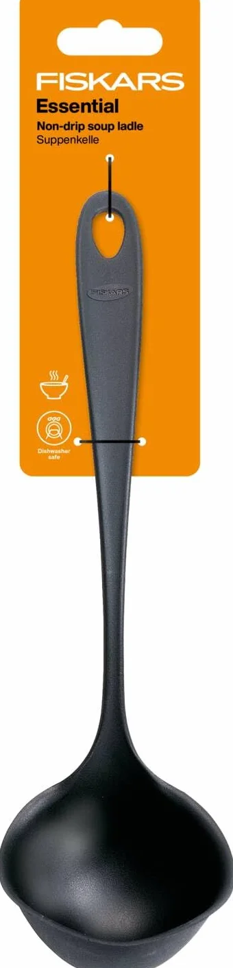 Fiskars Łyżka do zupy z obręczą zapobiegającą kapaniu, Essential, tworzywo sztuczne, długość: 28,6 cm, pojemność: 100 ml, dla prawo- i leworęcznych, czarna, 1079059