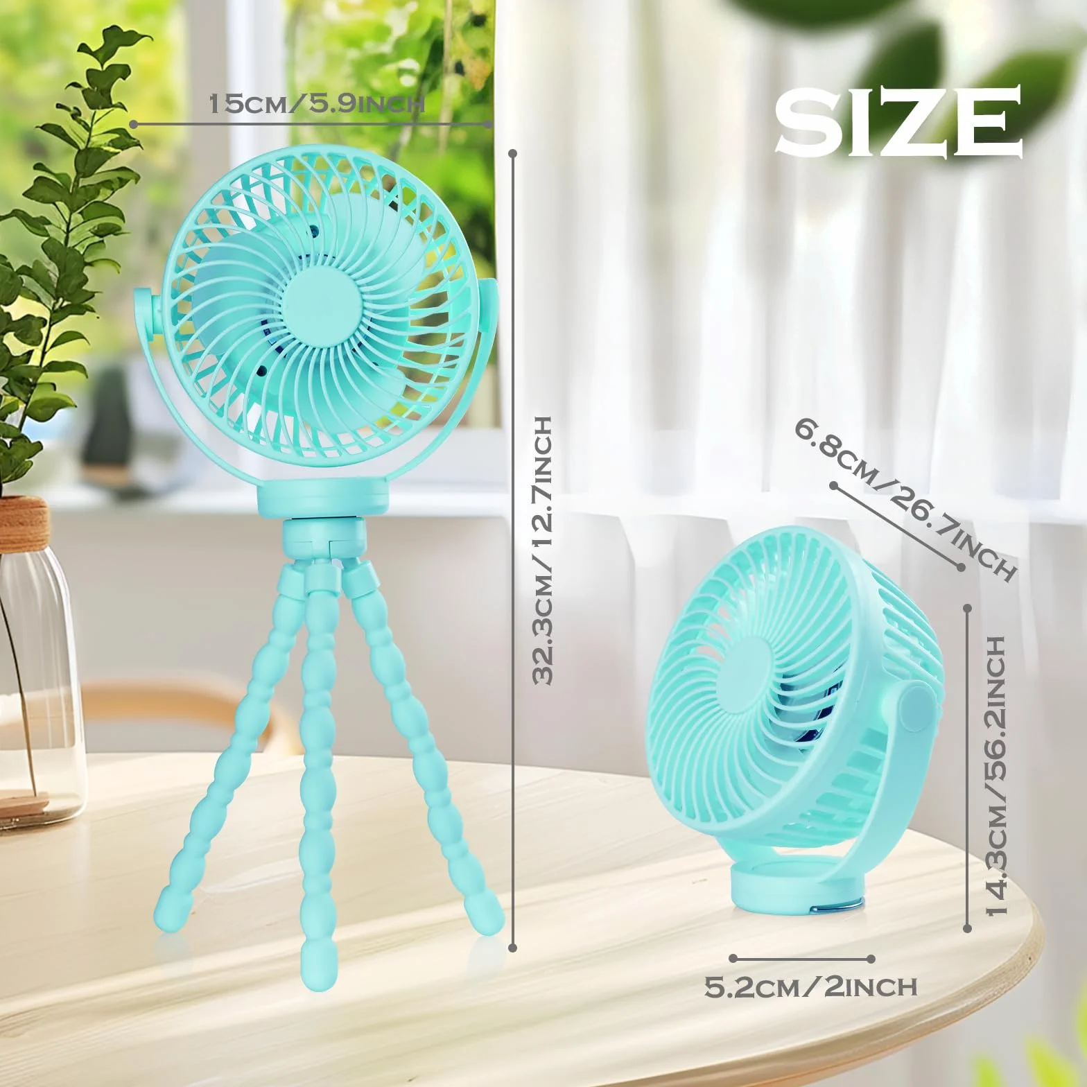 Hianjoo Wentylator do wózka dziecięcego z oświetleniem LED, 5200 mAh, mały wentylator biurkowy, wentylator kempingowy z hakiem wiszącym, obrót o 360°, przenośny, do wielokrotnego ładowania, do namiotu