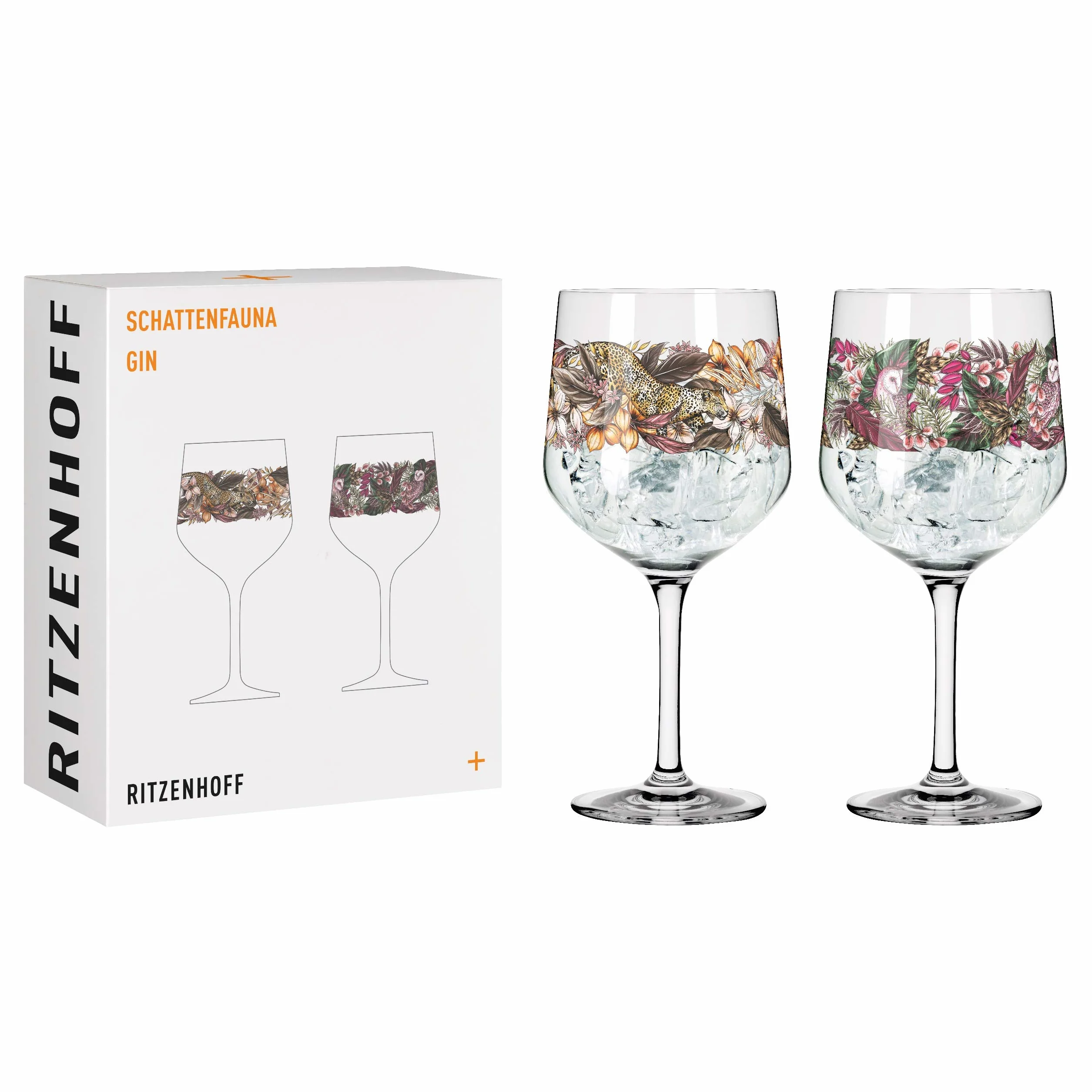 RITZENHOFF 3691002 Kieliszek do ginu, 700 ml, seria Shadow Fauna, zestaw nr 2, 2 sztuki, lampart i sowa - Made in Germany
