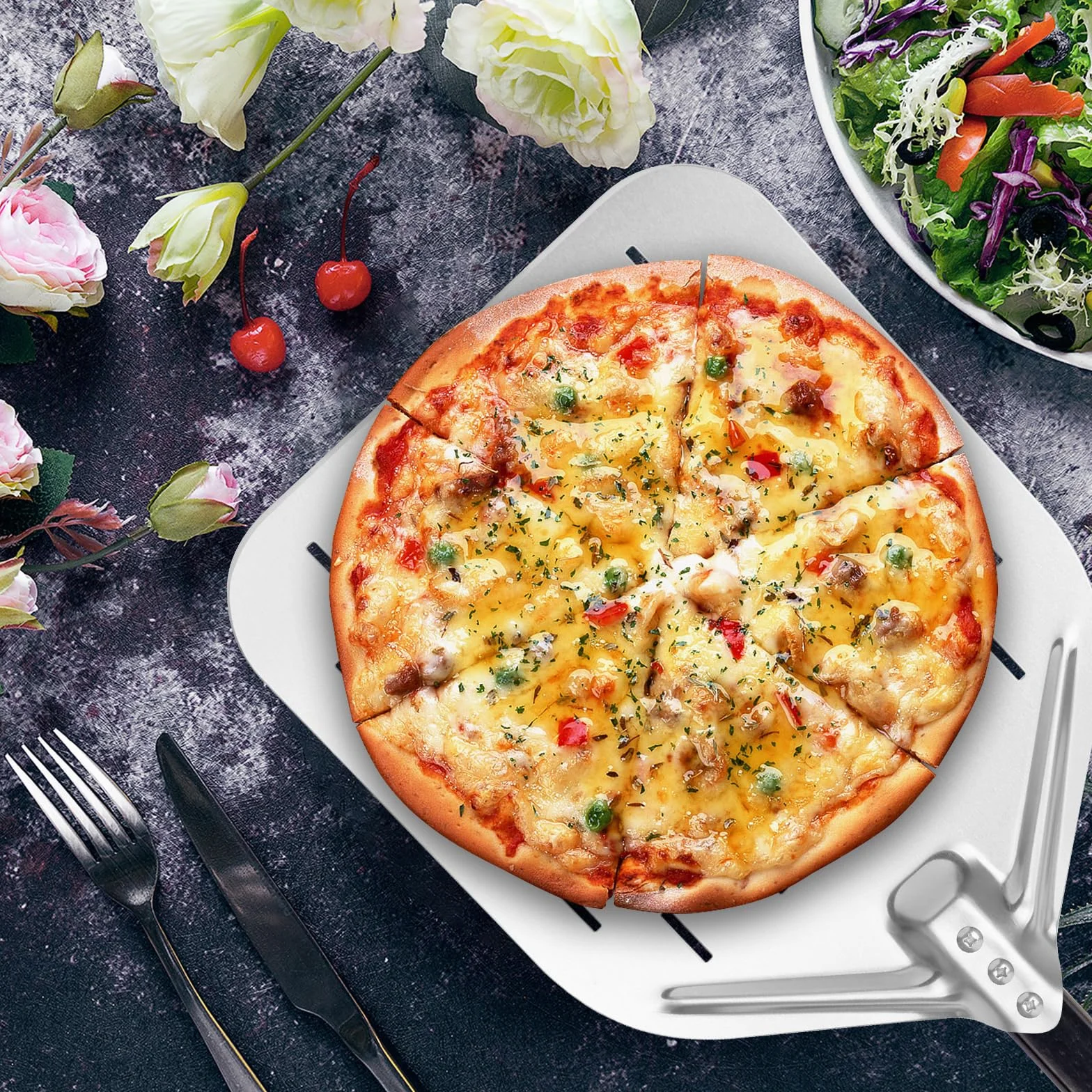 Łopatka do pizzy 40 * 30 cm 12 cali z dużą powierzchnią i odpinanym uchwytem Łopatka do pizzy (ciemny czarny)