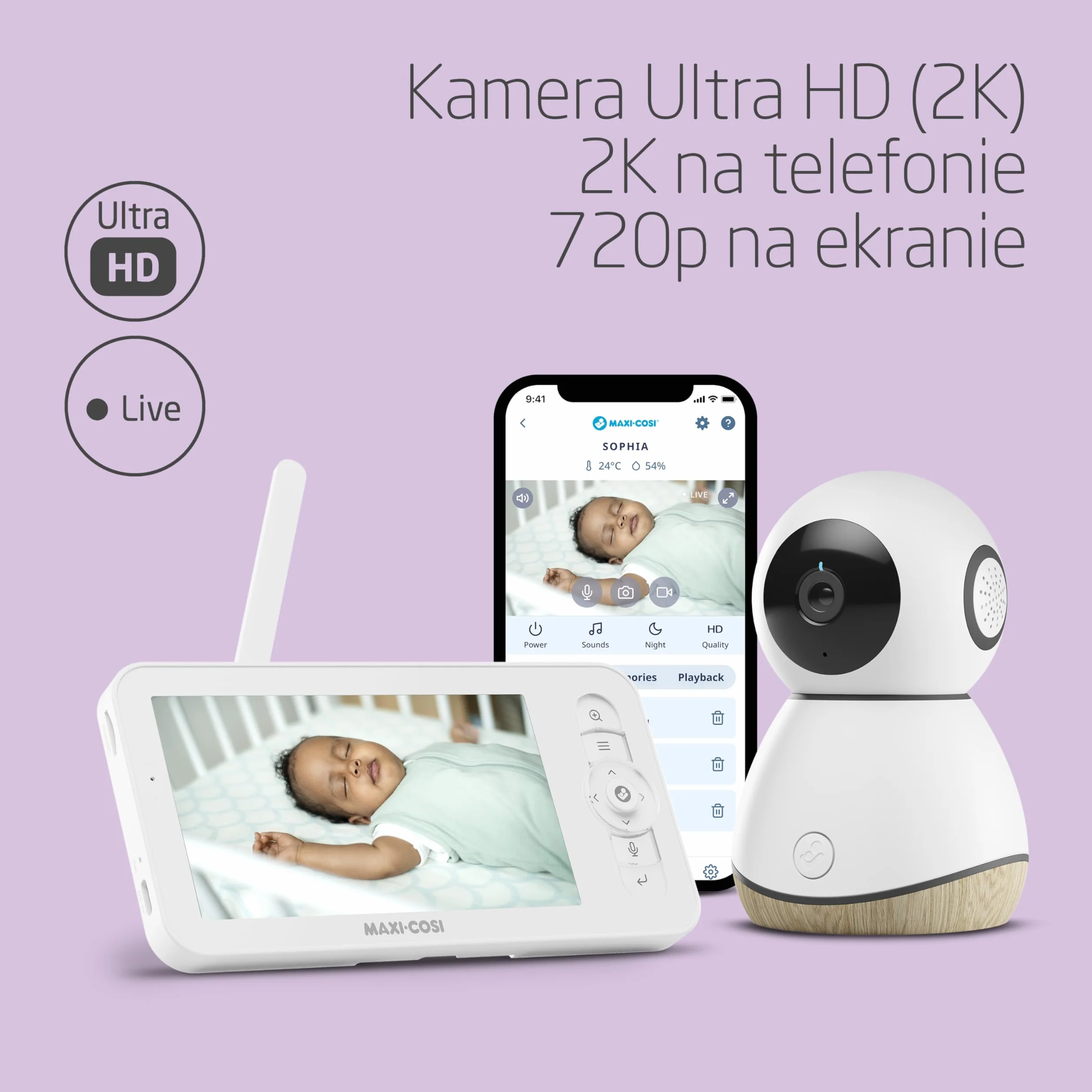 Maxi-Cosi See Pro Kamerka, inteligentna kamerka z aplikacją, kamerka wideo do pokoju dziecięcego, tłumacz płaczu, autowykrywanie ruchu, wideo UHD (2K), ekran 5”, element Maxi-Cosi Connected Home