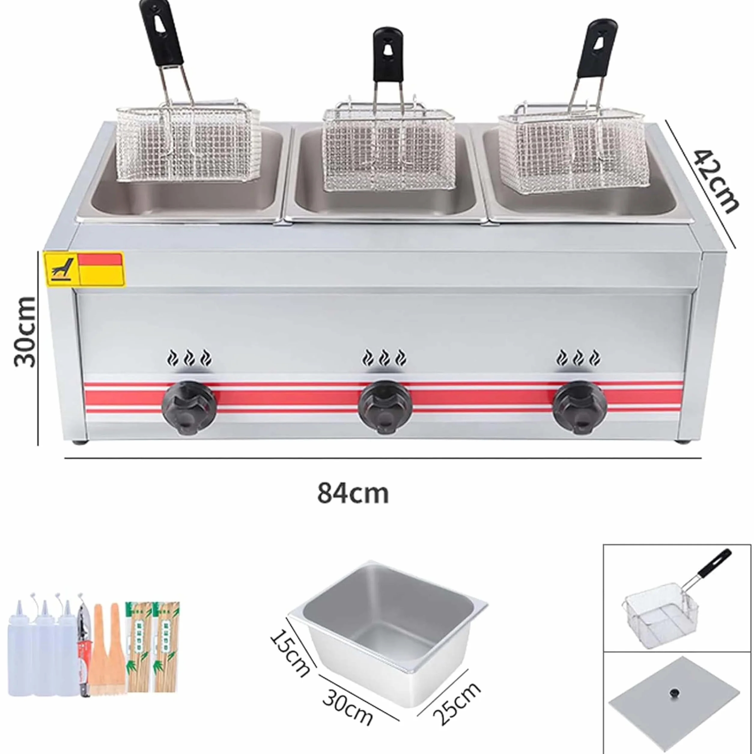 Frytownica 10L/20L/30L, frytownica gazowa z antypoślizgową, łatwą do czyszczenia regulacją temperatury Frytownica ze stali nierdzewnej z koszem i pokrywką,Triplecylinder10L+10L+10L