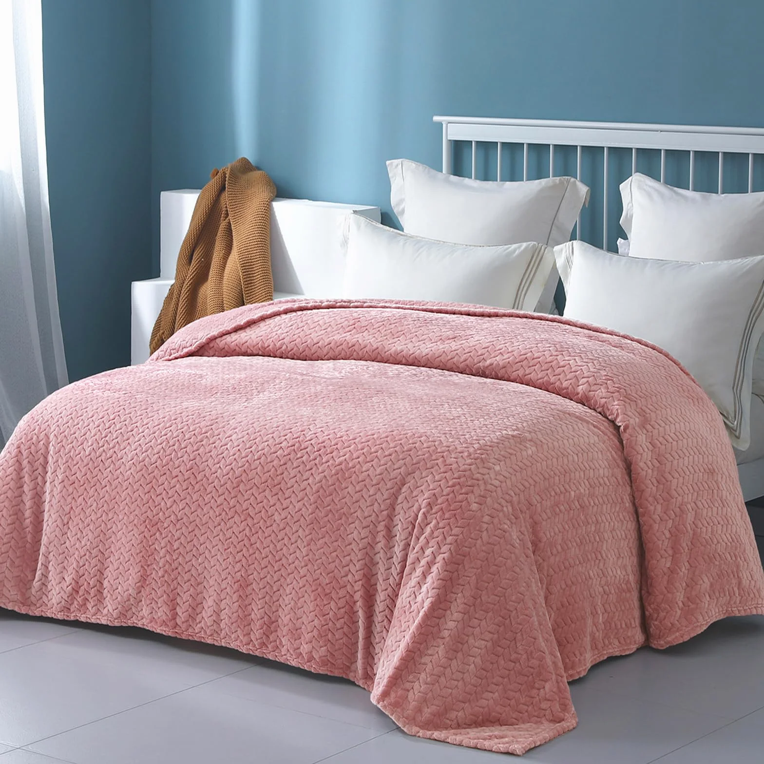 Exclusivo Mezcla Podwójny rozmiar żakardowy splot liście wzór flanelowy polar aksamit pluszowy koc na łóżko jako narzuta / narzuta na łóżko (230 x 168 cm, różowy) - miękki, lekki, ciepły i przytulny