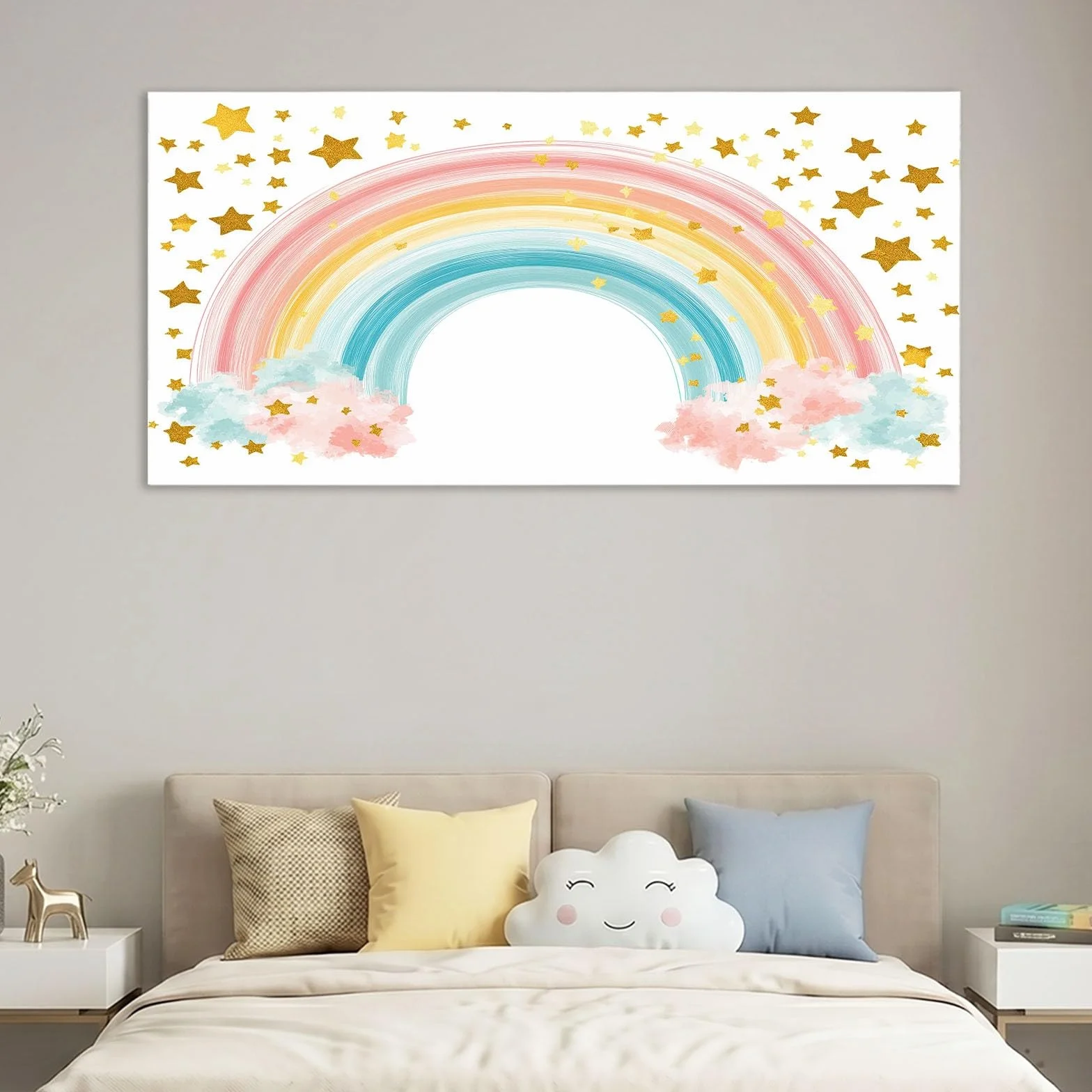 Obraz ścienny z kreskówki obraz na płótnie - obraz na płótnie 120 x 80 cm, druk na płótnie z tęczą, gwiazdą, chmurą, oprawiona sztuka ścienna do salonu i sypialni, dekoracja ścienna, biały