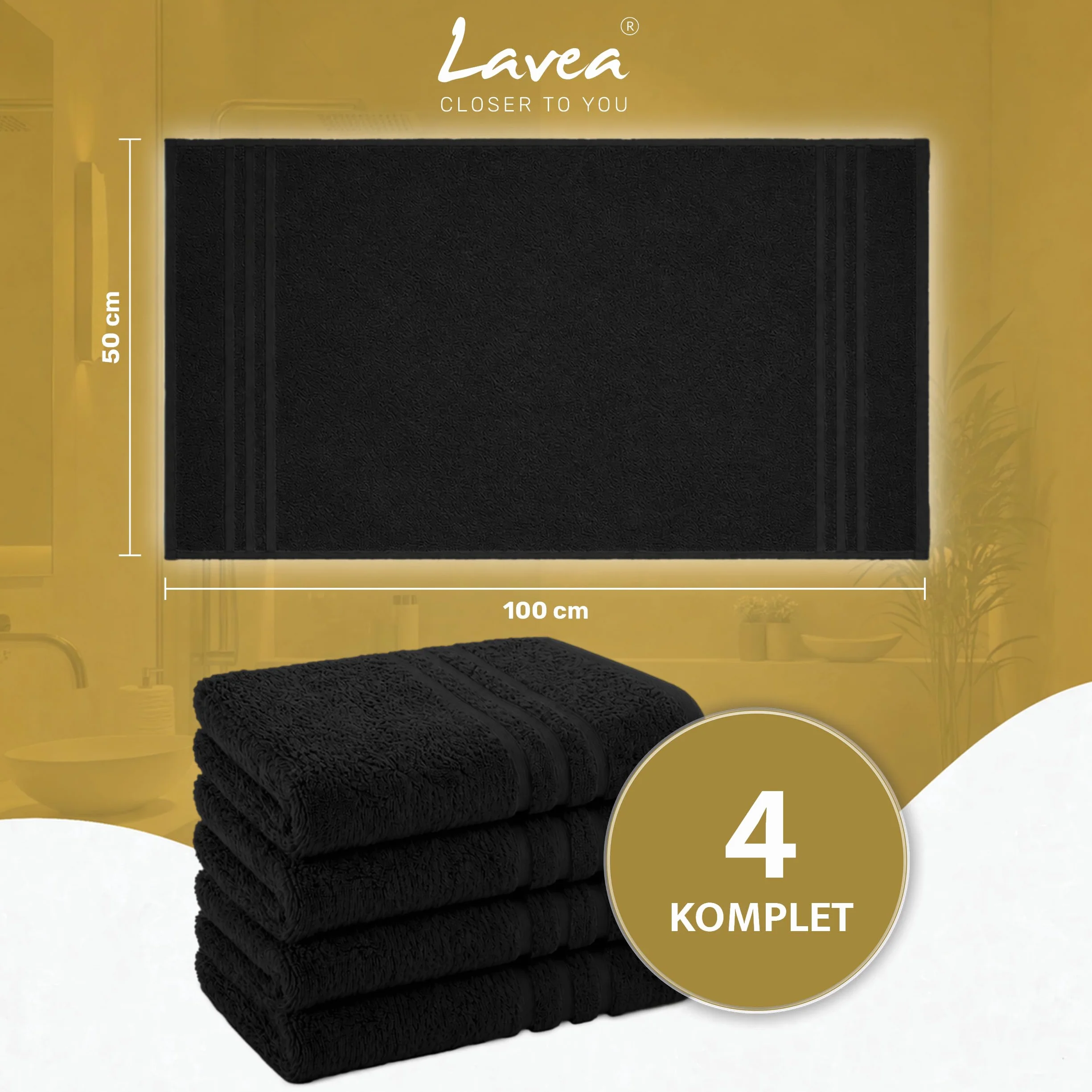 Lavea® Zestaw 4 ręczników kąpielowych 50x100 cm 100% bawełna – Miękkie i chłonne – Idealne jako ręcznik do rąk, ręcznik kuchenny lub do twarzy do domu, hotelu i spa – Czarny