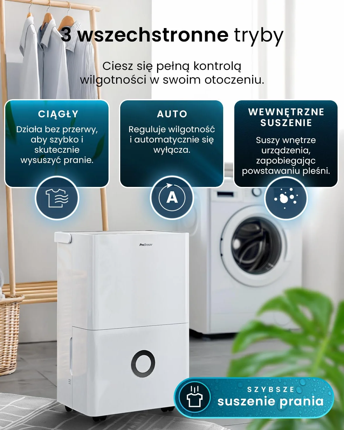 Pro Breeze Osuszacz powietrza 30 l w 24 h – wydajność osuszania, elektryczny z Wi-Fi, czujnik wilgotności, zbiornik 4 l, timer, wąż odpływowy, ochrona