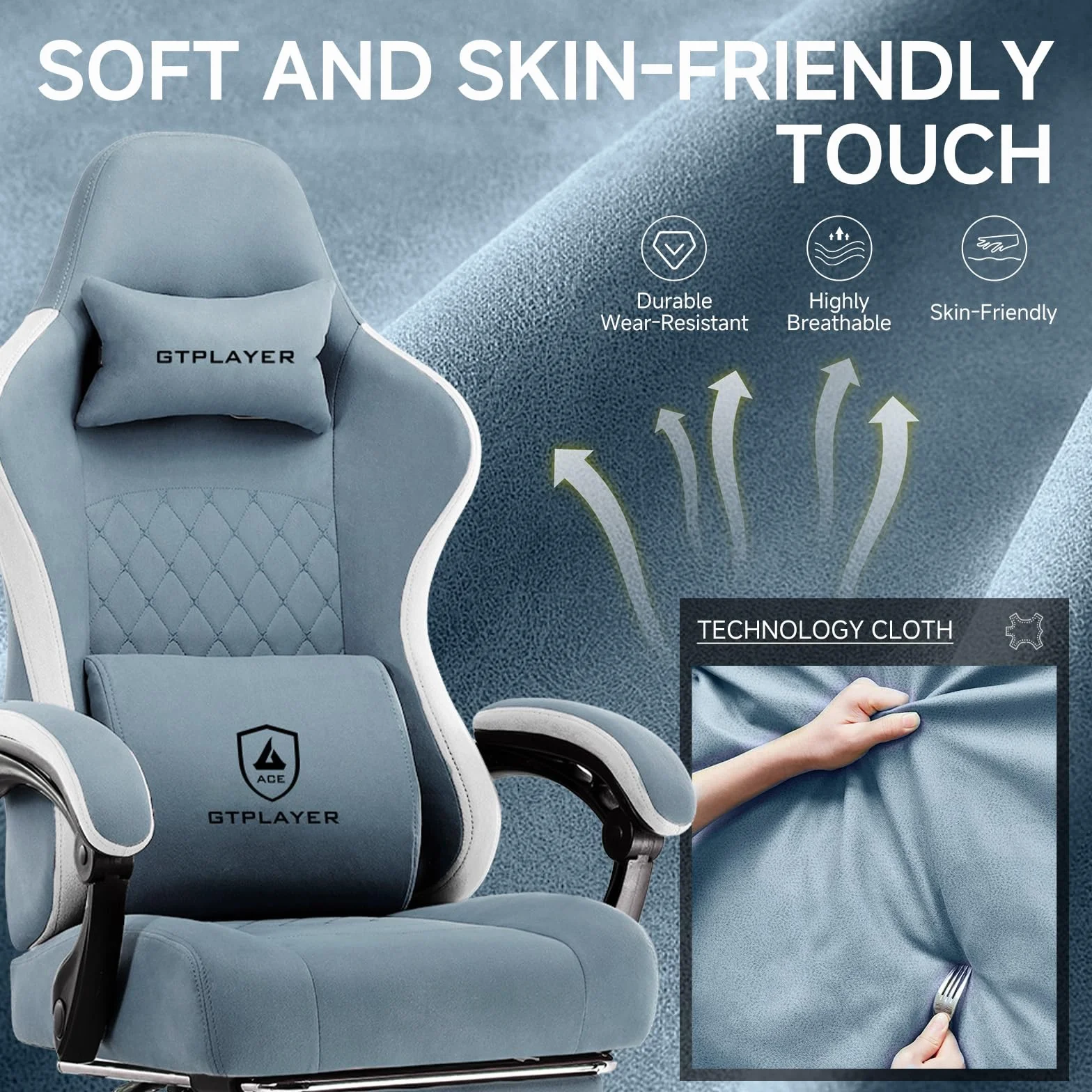 GTPLAYER Fotel gamingowy, ergonomiczny fotel gamingowy, krzesło do biurka z powierzchnią z materiału, poduszka sprężynowa, podłokietniki łączące i podnóżek, jasnoniebieski