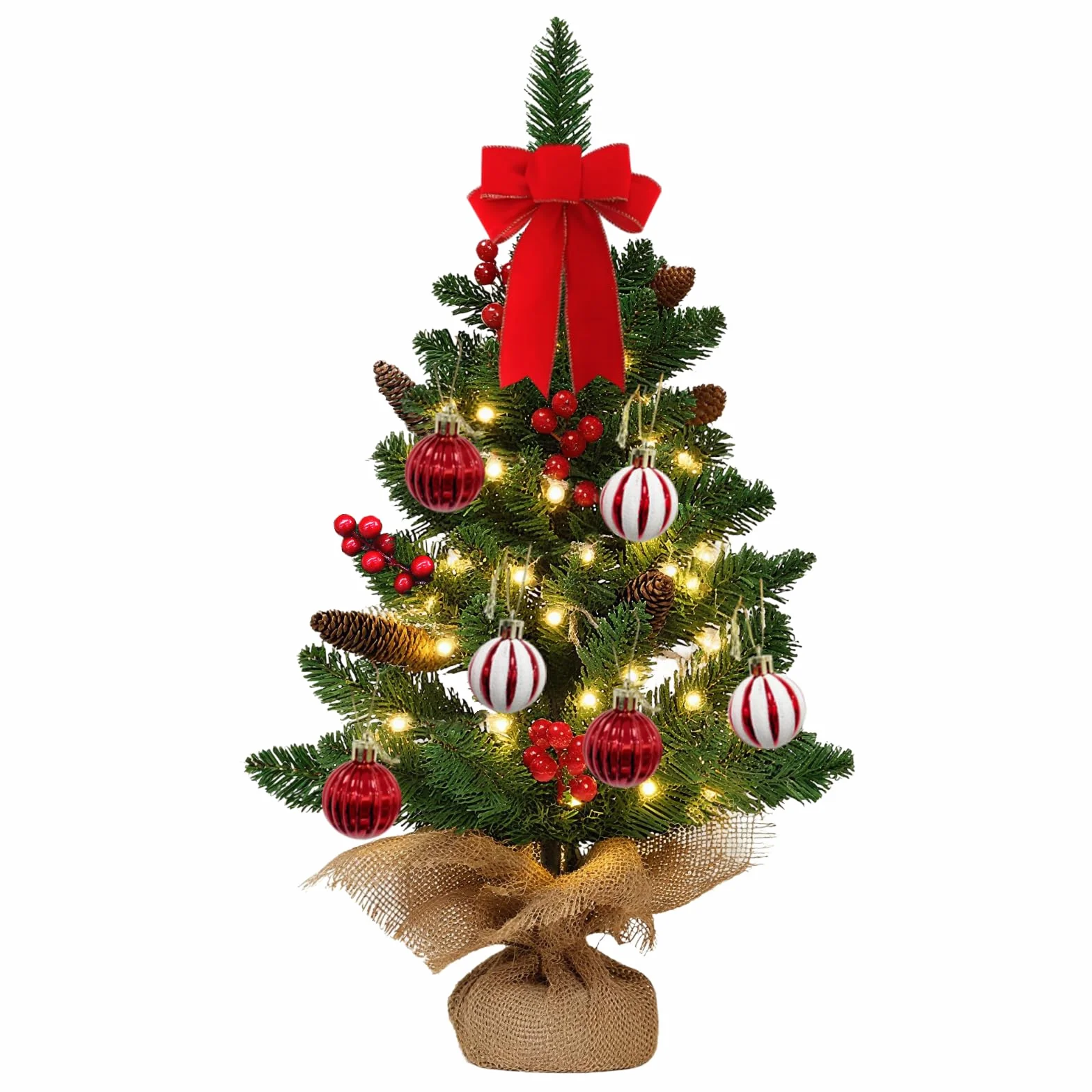 Mała sztuczna choinka 60 cm, mała choinka LED z 20 wbudowanymi światłami i 6 bombkami bożonarodzeniowymi, choinką na stół, do kuchni, salonu, sypialni i biura.