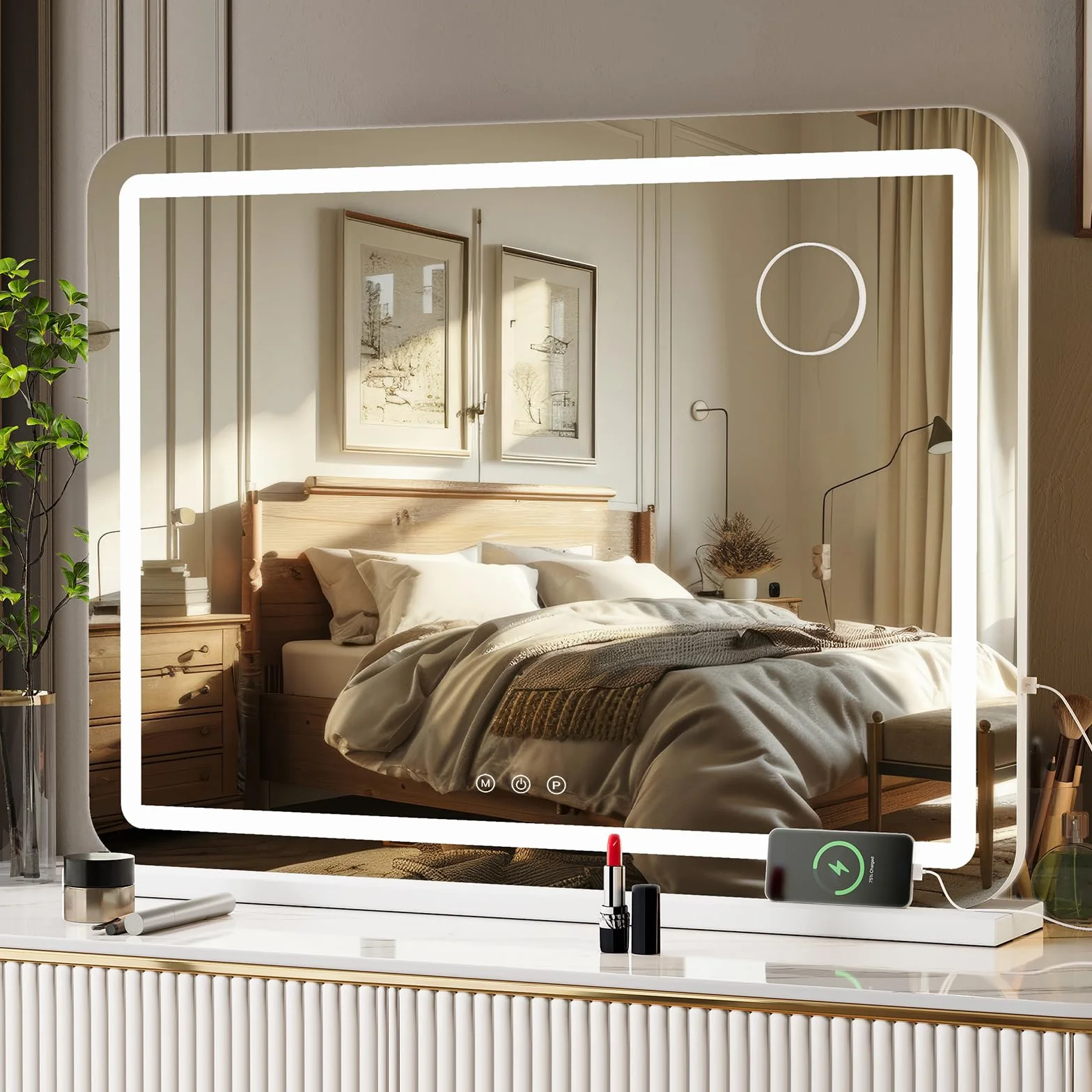 MAMIZO lusterko do makijażu z oświetleniem, 80x62 cm, z USB i typem C, duże lustro hollywoodzkie, 10x lupa, 3 temperatury barwne, lustro ścienowe, lustro stołowe, z ekranem dotykowym, lusterko