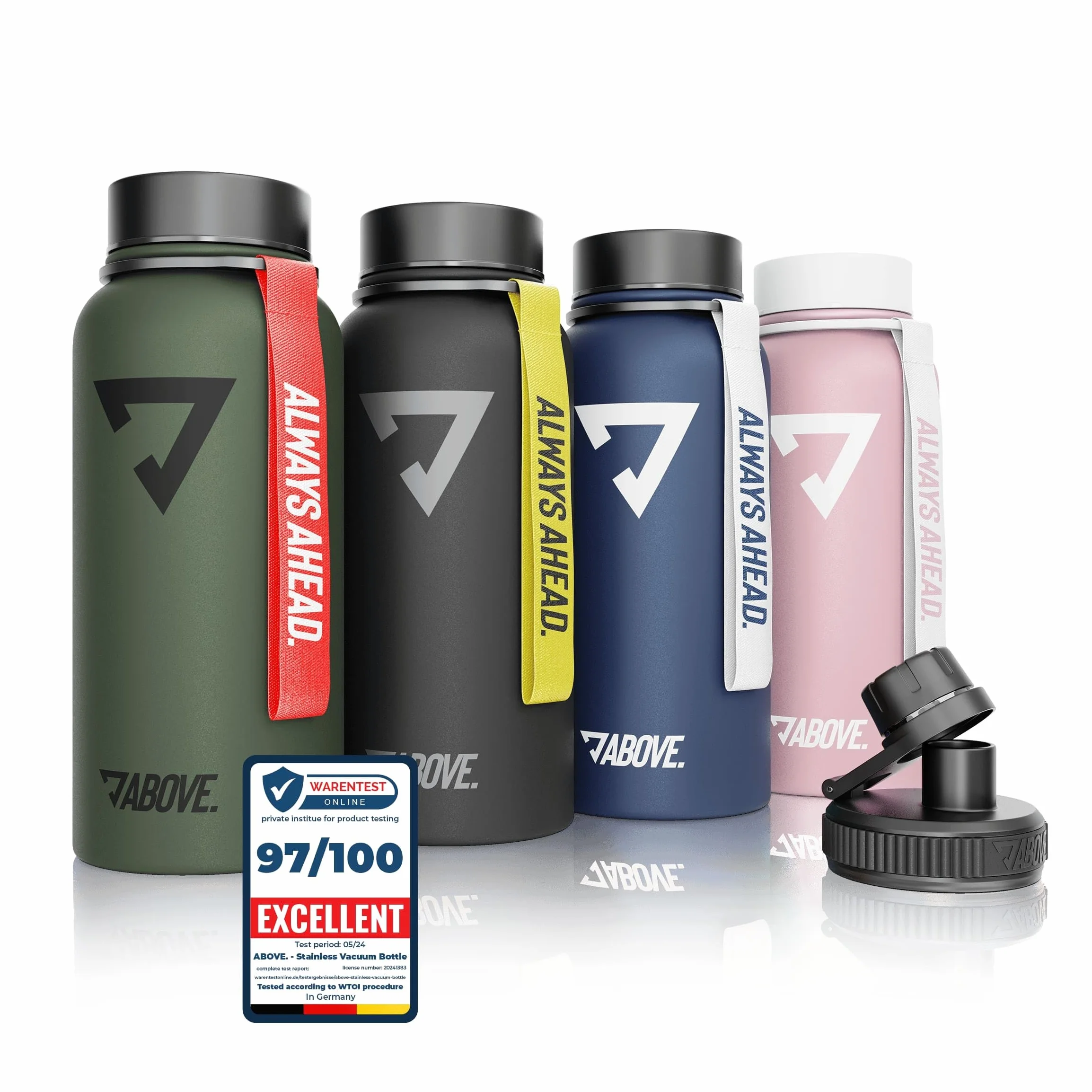 ABOVE. Butelka ze stali nierdzewnej 950ml, 2 nakrętki do picia, termos o podwójnych ściankach utrzymuje ciepło do 12 godzin i zimno do 24 godzin, 100% wolna od BPA, dla sportu i camping (Niebieski)