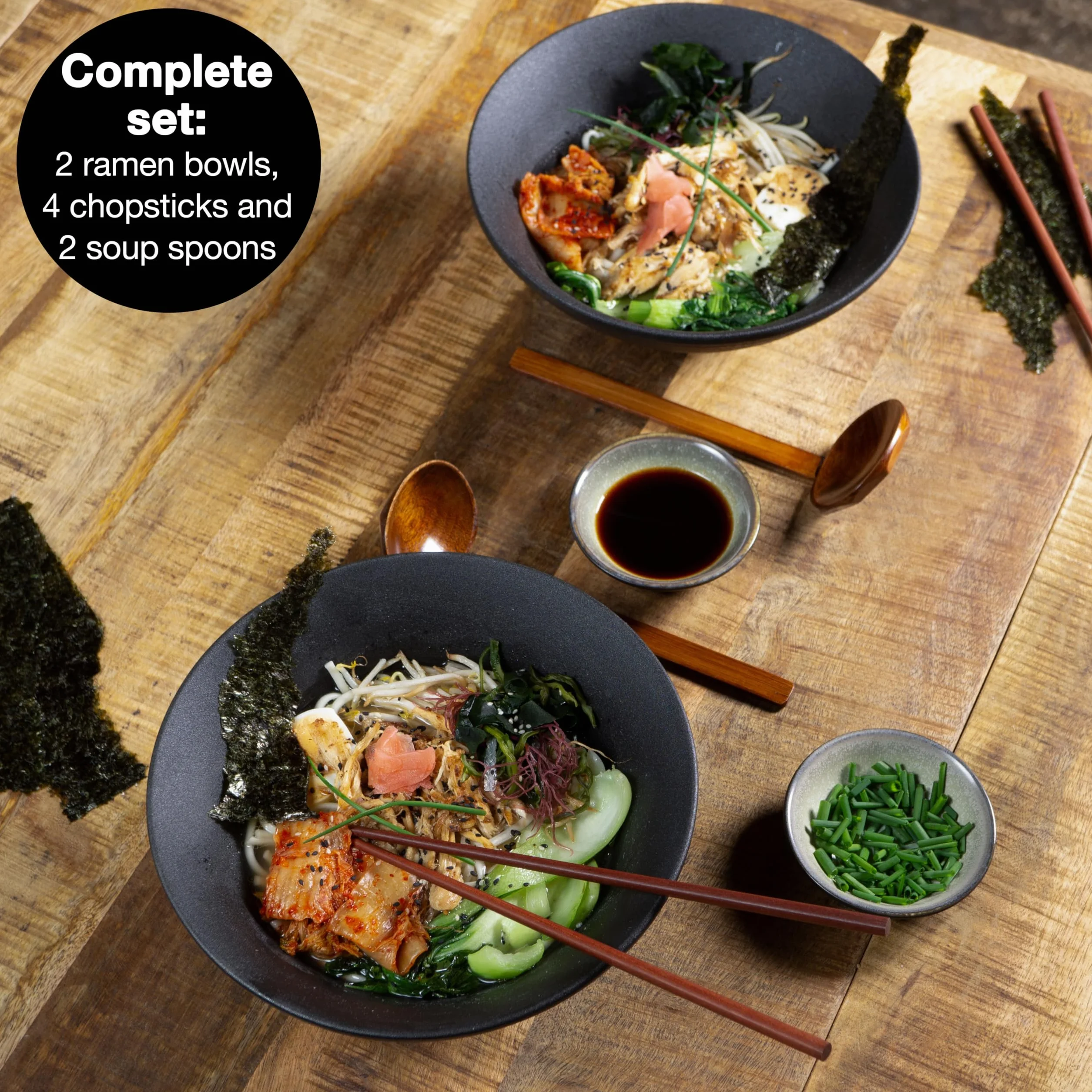 Moritz & Moritz 2 x Ceramiczna Miska Ramen - 800-1300 ml - 24 cm Ø - Czarny Zestaw dla 2 Osób - Do Zupy, Pho i Sushi Bowl - Z Pałeczkami i Łyżeczką
