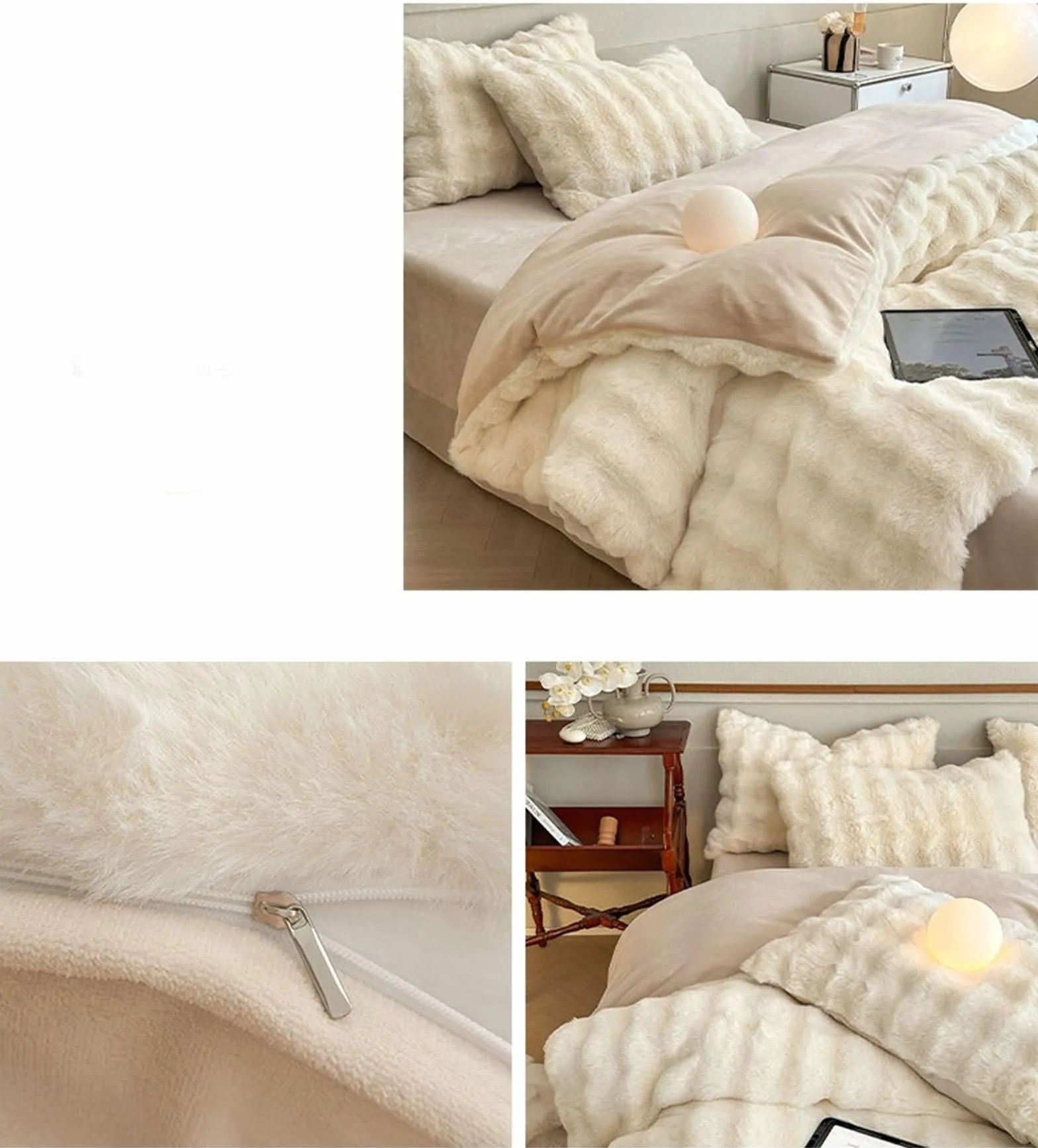 4-częściowy zestaw pościeli, poszwa na kołdrę 200 x 230 cm, prześcieradło z gumką 150 x 200 cm, 2 poszewki na poduszki, jednokolorowa, miękka flanela, beżowo-białe