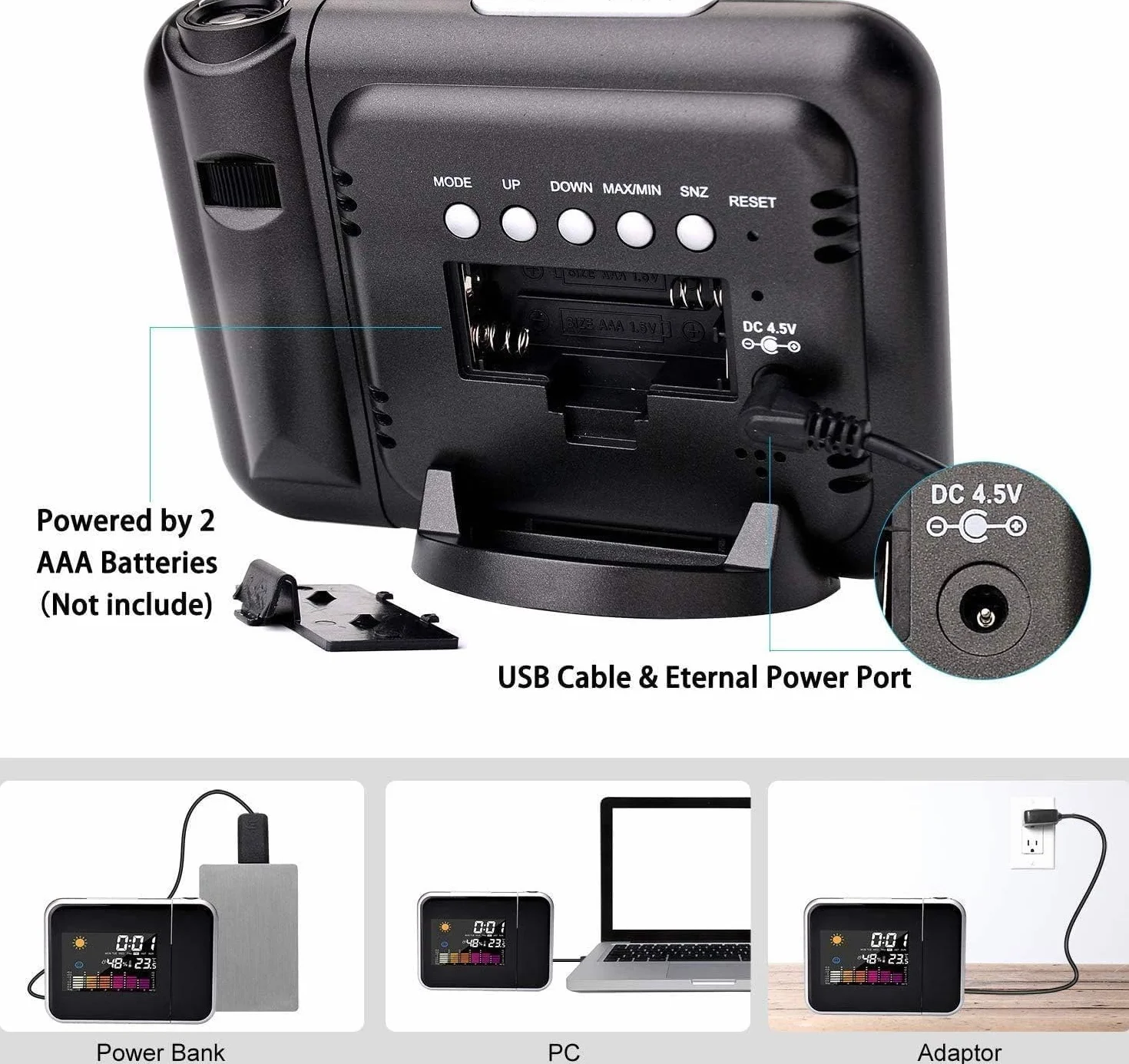 Cyfrowy budzik z projektorem LED, ładowanie USB, kolorowy wyświetlacz LCD, cyfrowy budzik z funkcją drzemki, higrometr, temperatura wewnętrzna, budzik, wyświetlanie daty, 12 i 24, do sypialni, biura
