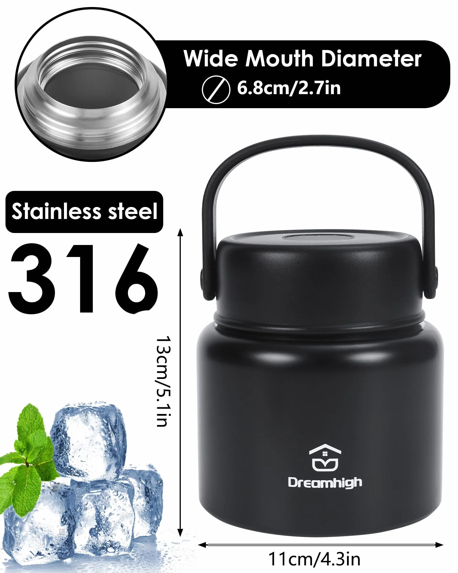 Dreamhigh® Pojemnik termiczny na żywność, 500 ml, ze stali nierdzewnej, z uchwytem, termos na jedzenie, szczelny, w zestawie łyżka, zachowuje 12 godzin ciepło, 12 godzin zimno (czarny, 500 ml)