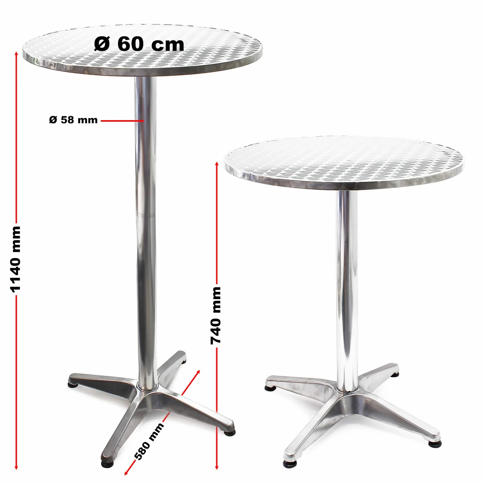 Wiltec Aluminiowy stolik barowy z okrągłym blatem ø60 cm, składany, regulowana wysokość 2 poziomy 74/114 cm, rura podstawy ø58 mm