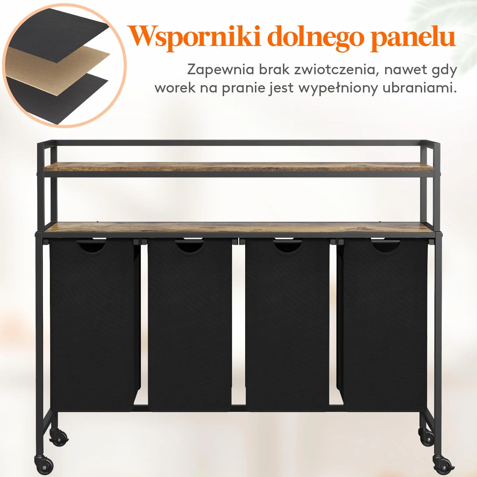 Lifewit Kosz na pranie z półkami, 4 sekcje, wysuwany kosz na pranie o pojemności 168l z kółkami, organizer na ubrania z 4 wyjmowanymi workami na pranie, sortownik na pranie, rustykalny brąz i czerń