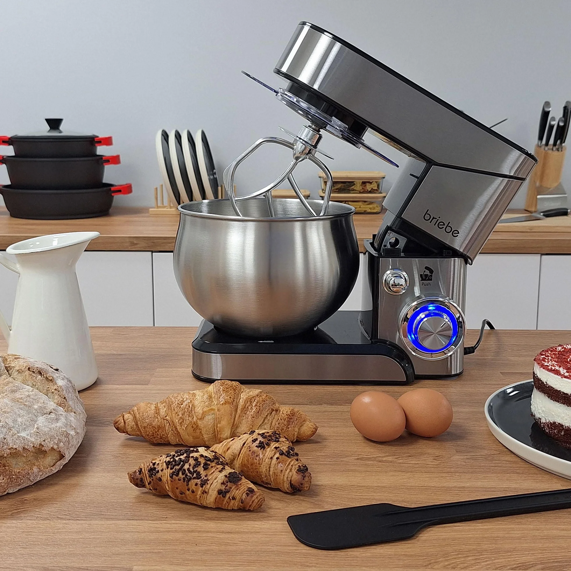 briebe Mikser do ciasta 1800 W MAX, profesjonalny robot kuchenny, ruch orbitalny, pręty, hak do ciasta, łopatka do mieszania, 5 l, 6 prędkości + funkcja pulsu, Inox KM1114