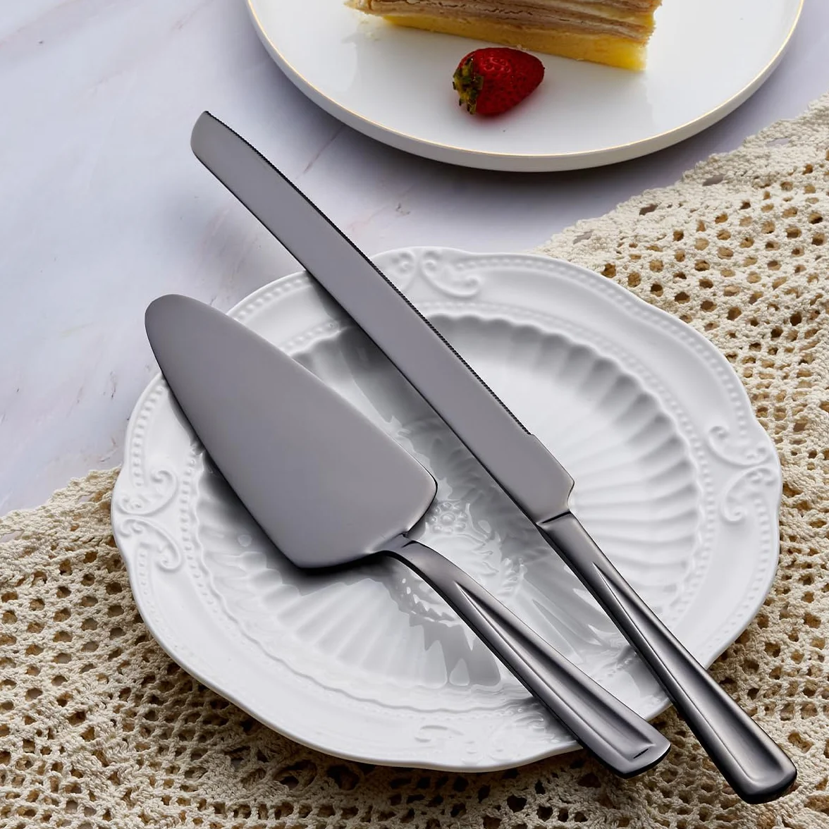 GoGeiLi Czarny zestaw sztućców do ciasta, nóż do ciasta ze stali nierdzewnej 33 cm, nóż do ciasta i łopatka do tortów, nóż do ciasta, na wesele, urodziny, imprezy, jubileusz
