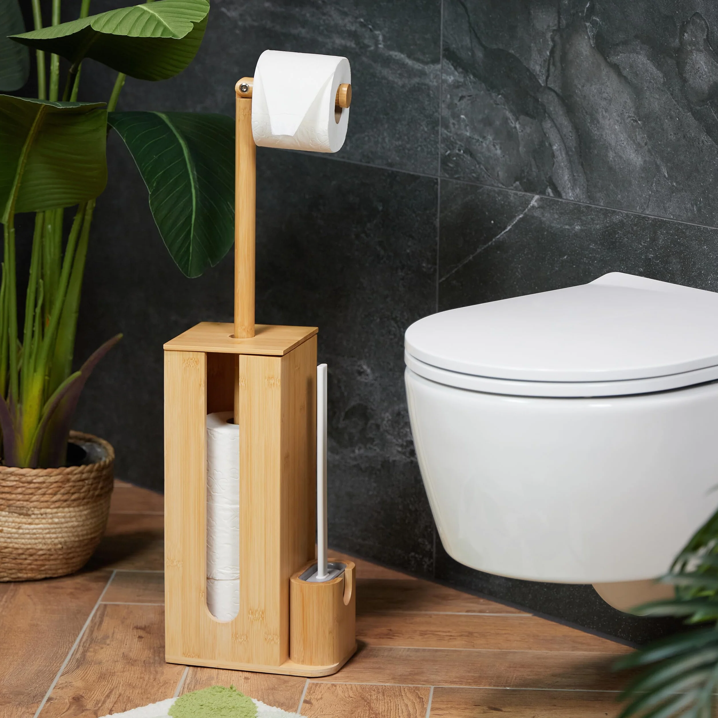 Relaxdays Zestaw do WC z bambusa 72,5 x 26 x 15 cm wolnostojąca szczotka do WC naturalna/biała