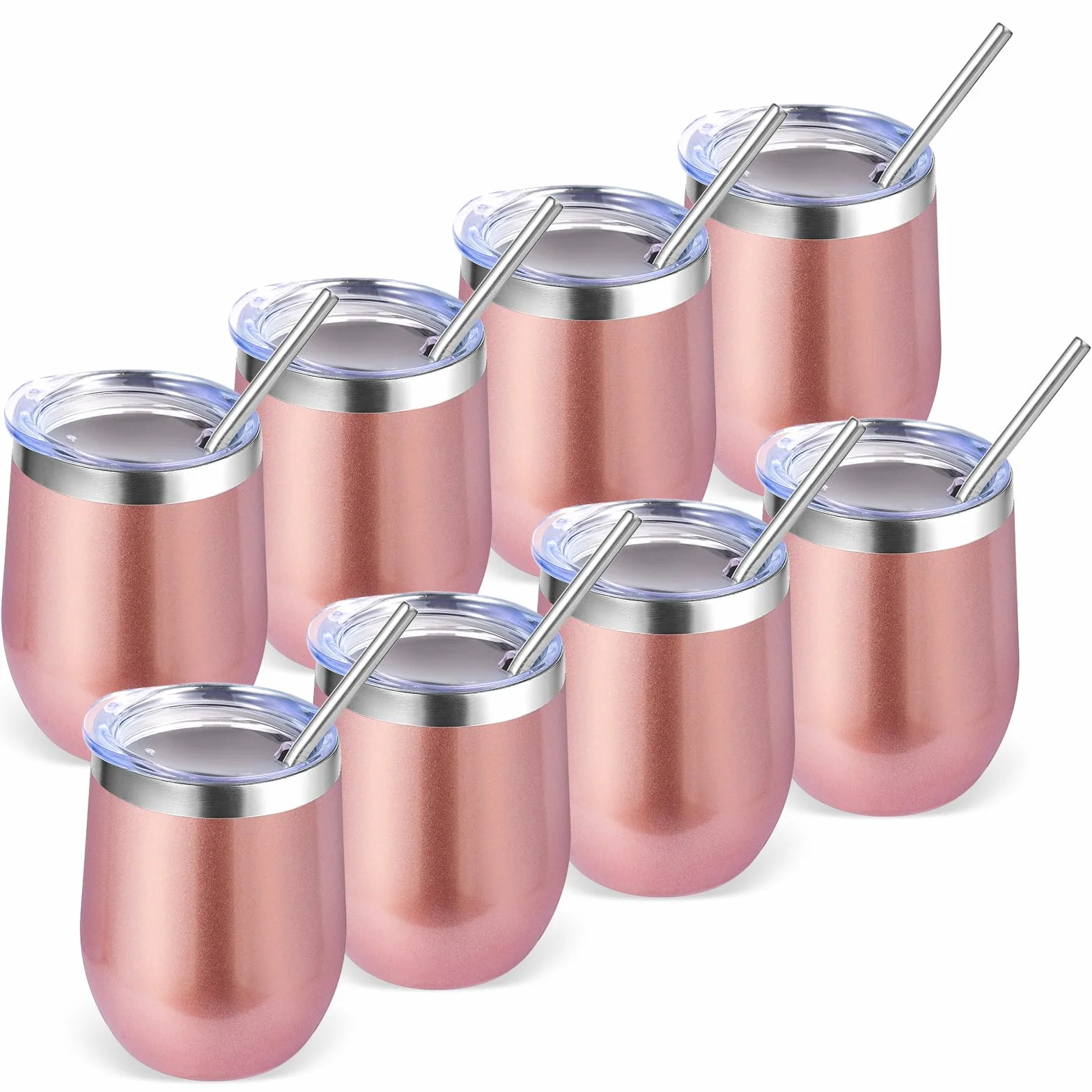 Volhoply prezenty świąteczne, 8-pack kubków do wina 350ml, stal nierdzewna, bez nóżek, z pokrywkami, podwójna ścianka próżniowa, kubki do kawy podróżne, z słomką, 8 sztuk (różowe złoto)
