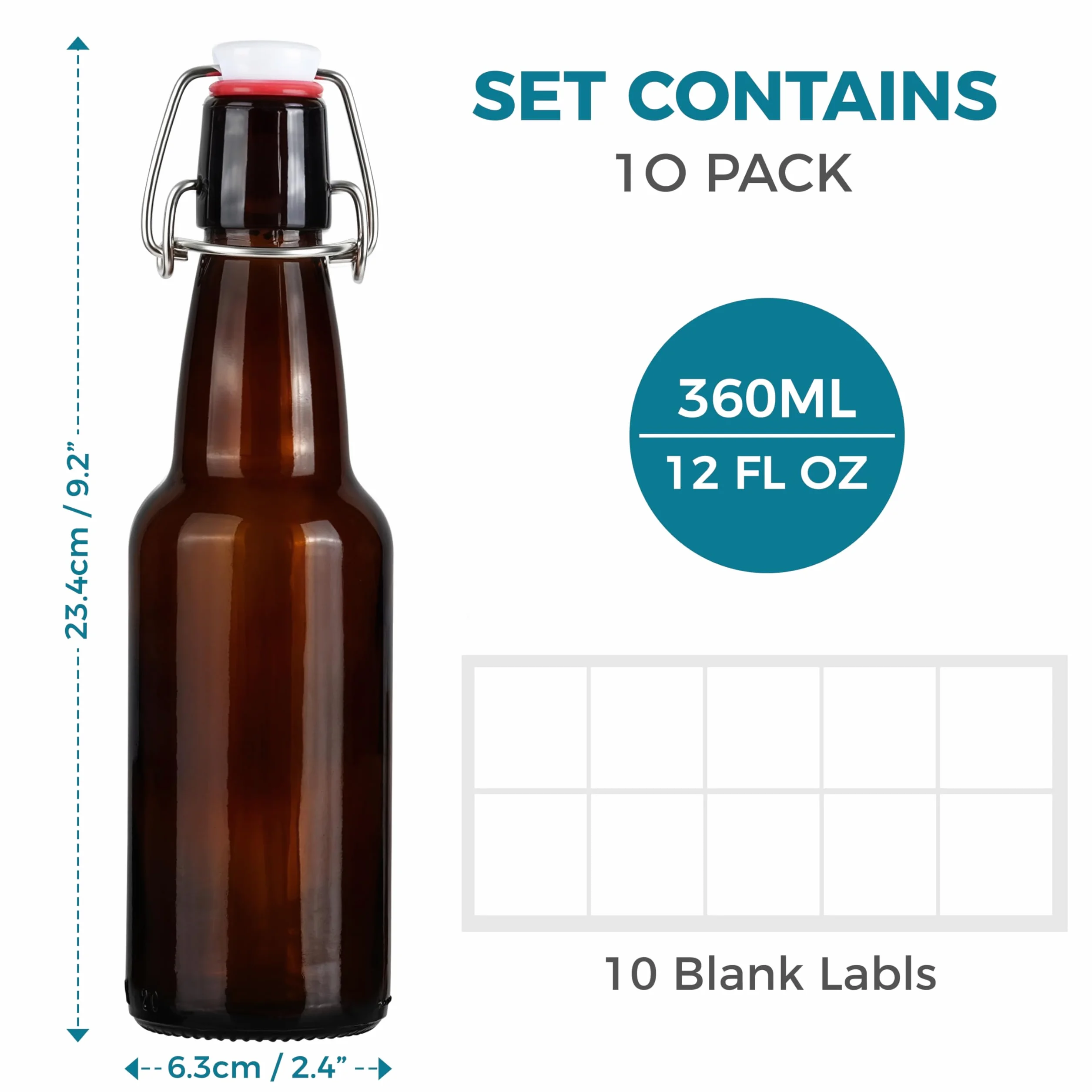 Pusta butelka na piwo z zakrętką i lemoniadę - Małe bursztynowe szklane 360 ml z etykietami (zestaw 10)