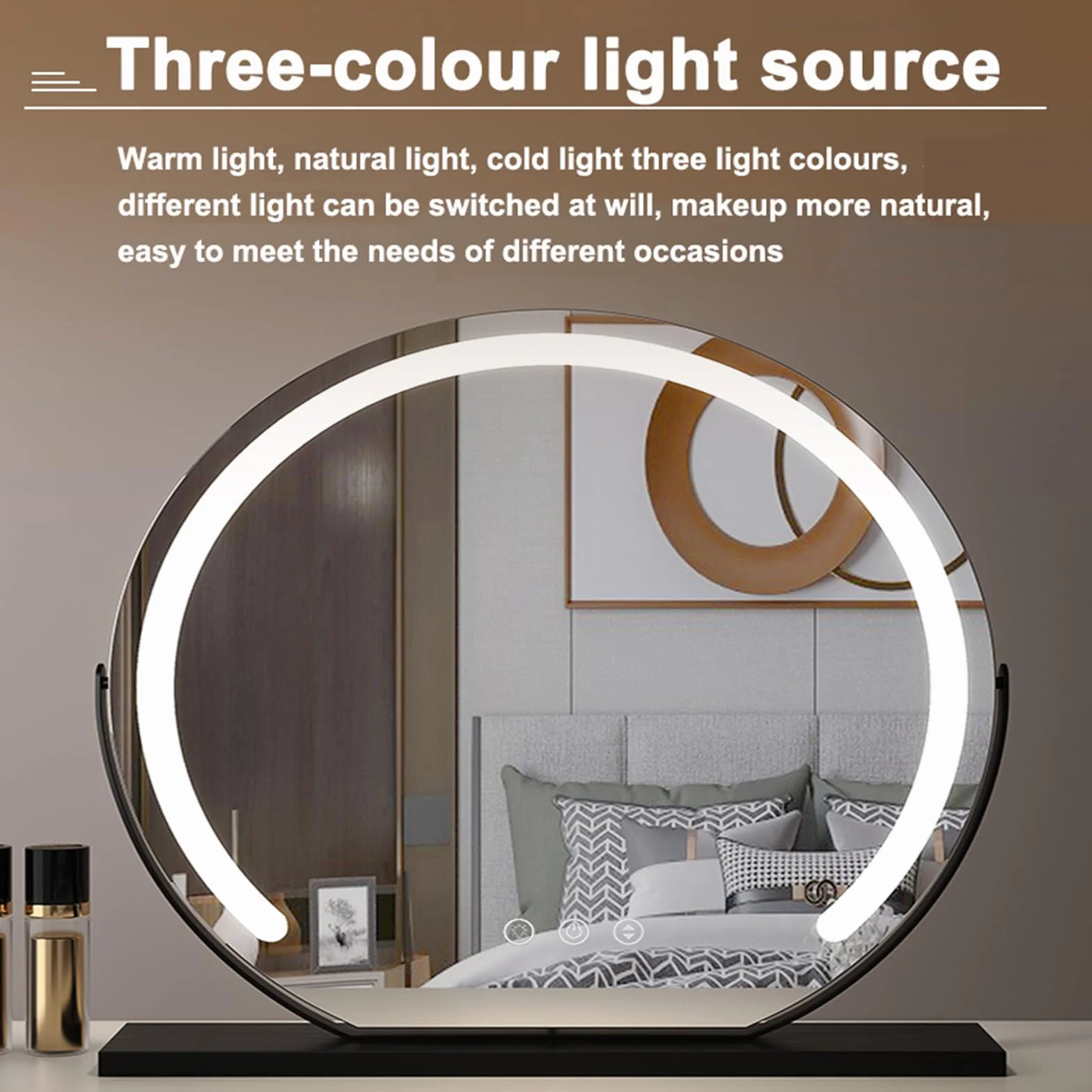 Led Vanity Mirror, Podświetlane Lustro, Blat Stołu Do Makijażu, Okrągłe 360 ° Obrót Lusterko Do Makijażu Ekran Dotykowy Lusterko Kosmetyczne Ze ściemnianiem (φ600mm, Biały)(Size:60cm,Color:Złoty)