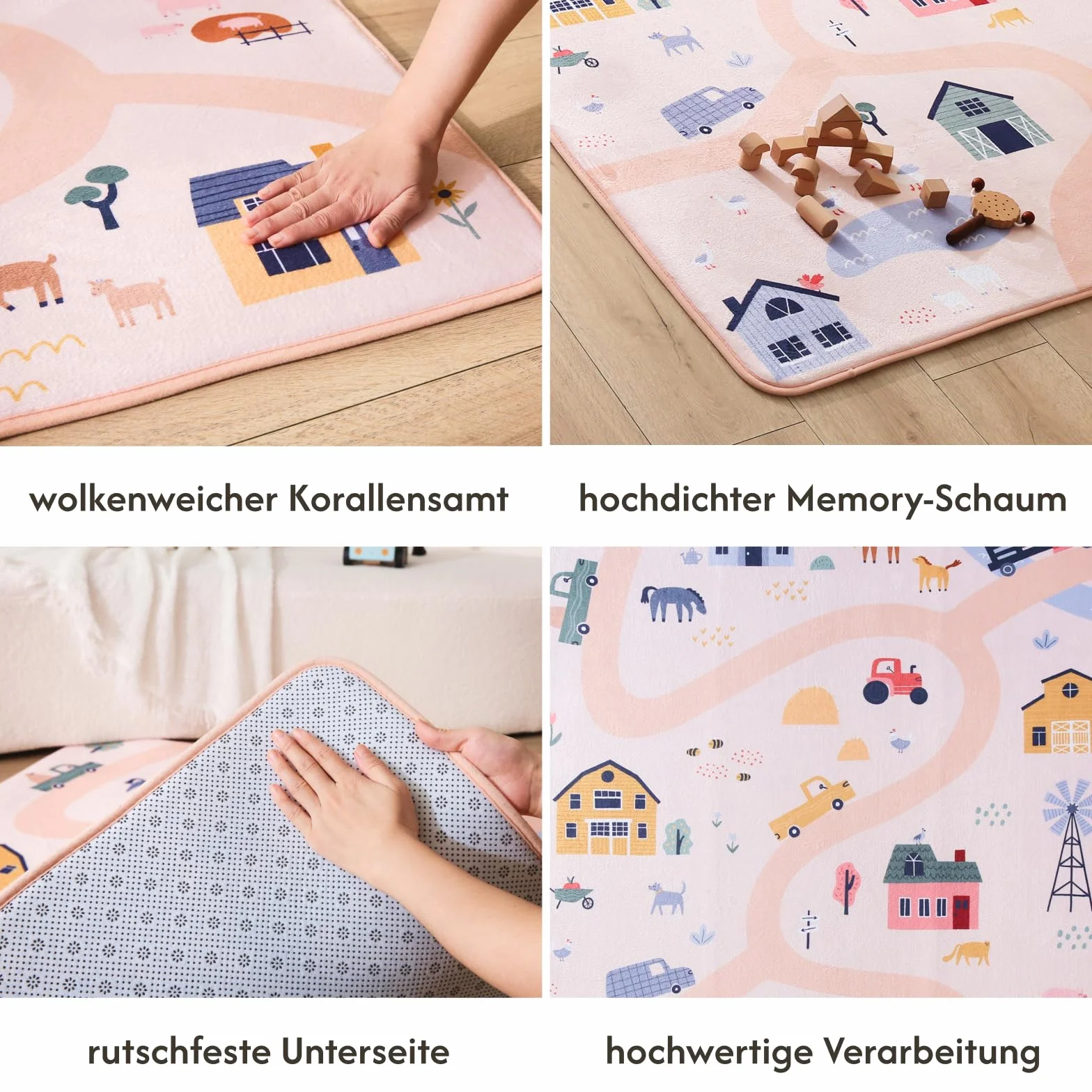 Premium Duża Koralowa Welurowa Mata do zabawy dla niemowląt 160x120x1.5cm – Wysokogatunkowa mata z pamięcią kształtu dla dzieci – Stylowa mata do zabawy na podłodze z antypoślizgowym podkładem do