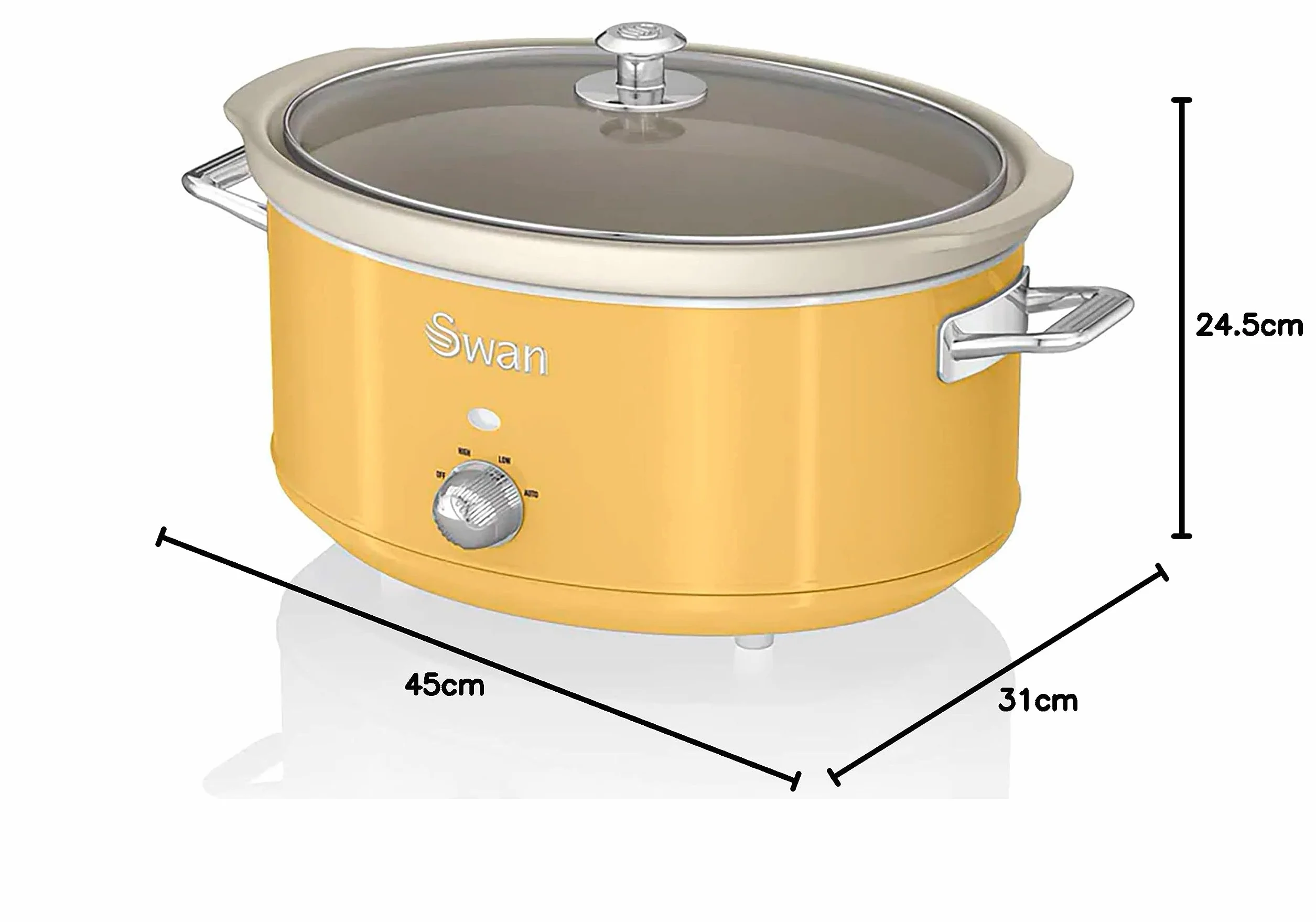 Swan Retro SF17031YELNEU wolnowar 6,5 l Wymienny pojemnik, nieprzywierająca ceramika wolna od PFOA i PTFE, 3 poziomy temperatury, szklana pokrywa, powolny kucharz, vintage design, żółty, 320 W