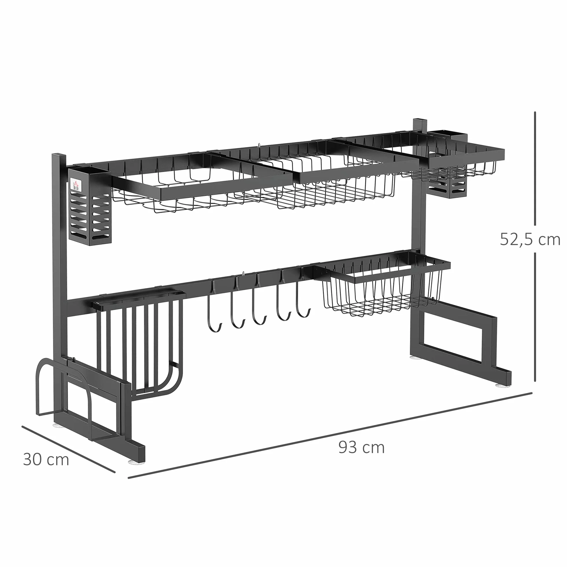 HOMCOM Ociekacz na mokro, suszarka nad zlewem, 2 poziomy, uchwyt na noże, stojak na deskę do krojenia, organizer kuchenny, 93 x 30 x 52,5 cm, stal czarna