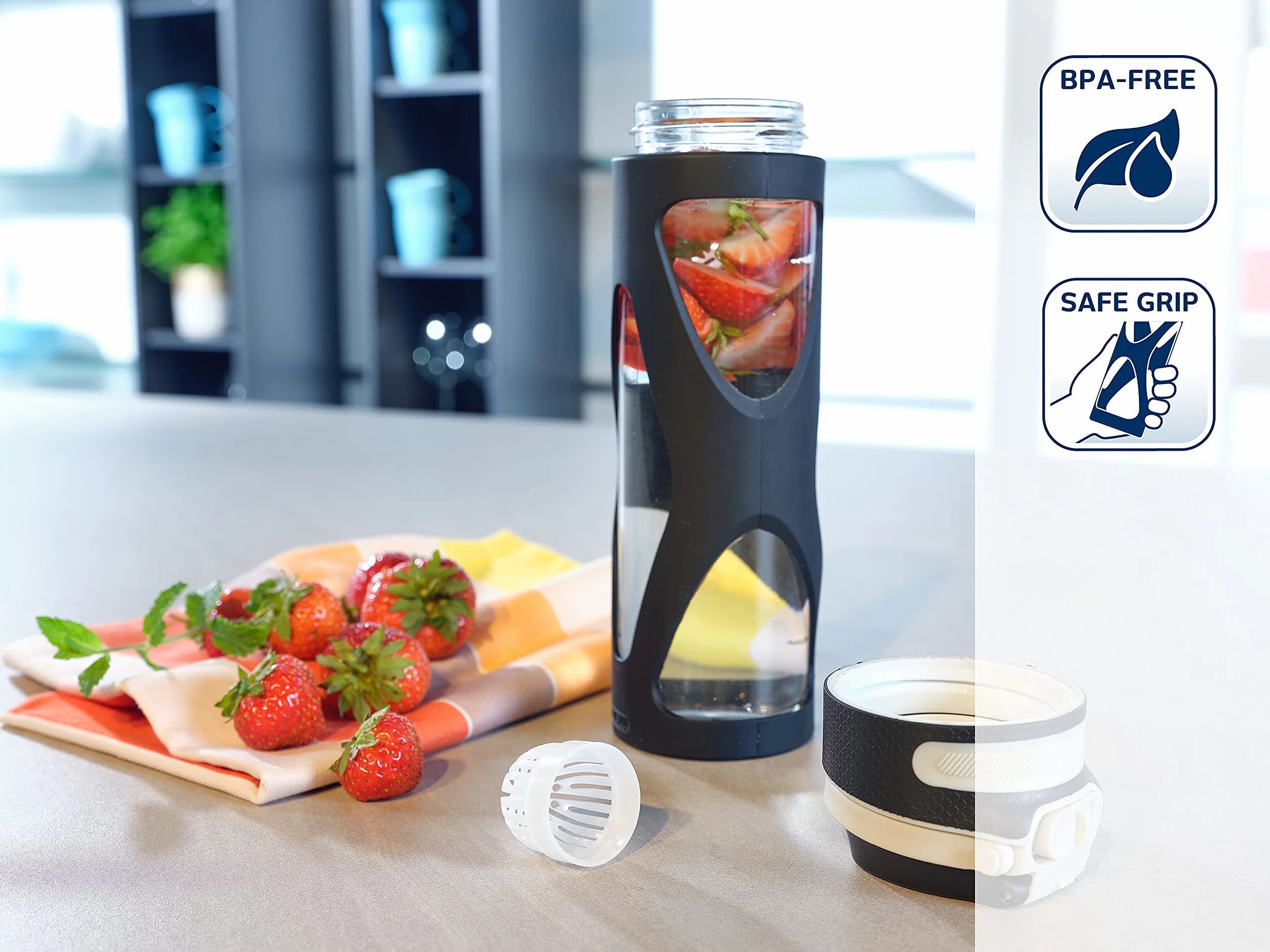 Leifheit Szklana butelka Flip 600 ml, 100% szczelna butelka sportowa, praktyczne otwieranie jedną ręką, butelka do picia z filtrem do użytku na owoce