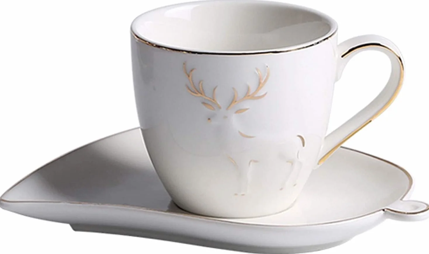 Kubki Do Kawy 5,1 Uncji Zestaw Kubków Do Kawy I Spodków Z Eleganckim Tłoczonym Obramowaniem W Kształcie Łosia I Złotą Krawędzią Ceramiczny Kubek Do Espresso I Łyżeczka Ku（Grey）