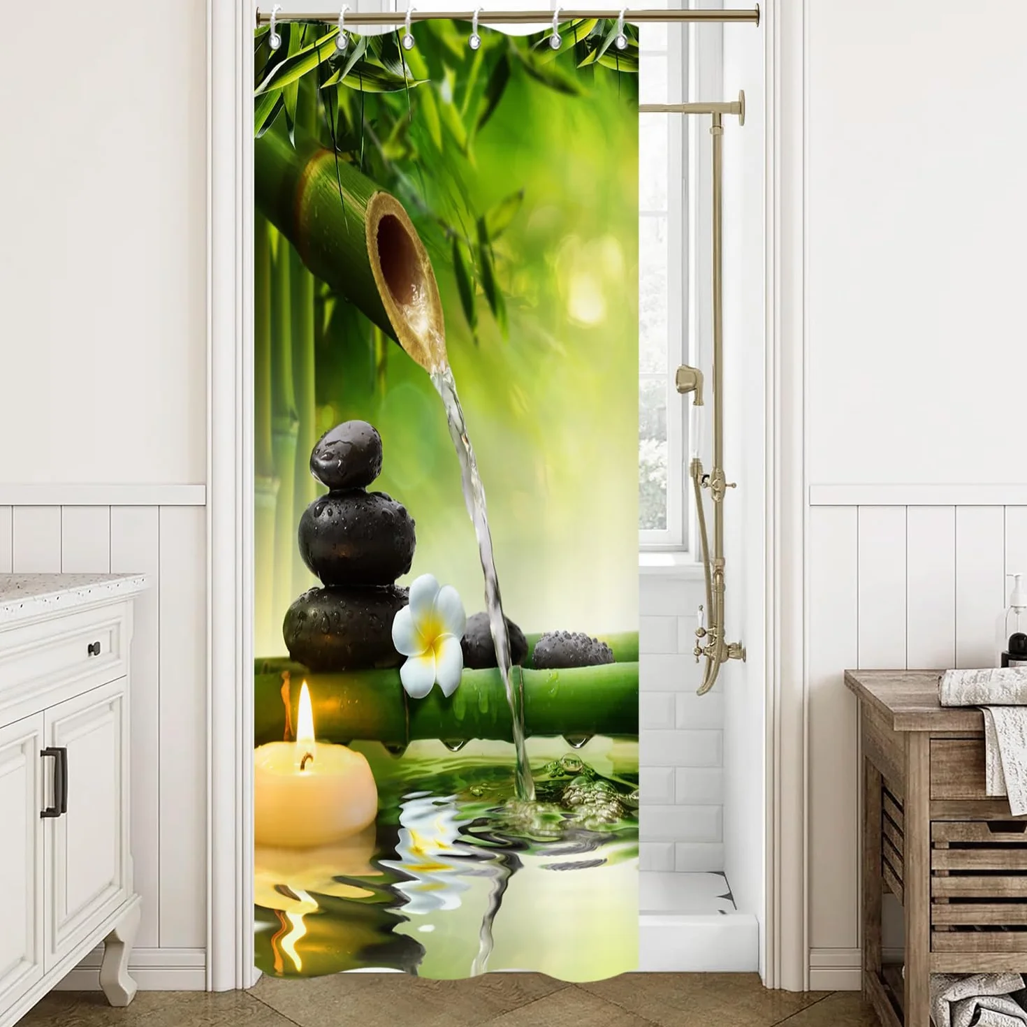 Zasłona prysznicowa, 120 x 200 cm, kamienie bazaltowe Zen SPA, świece, bambus, medytacja, wodoszczelny materiał, nadaje się do prania w pralce, zasłona łazienkowa z haczykami
