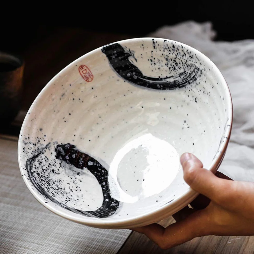 Japońska duża 19 cm miska do serwowania Ramen miska ceramiczna retro miska na zupę sałatkę owoce idealna na imprezy ceramiczna zastawa stołowa do płatków śniadaniowych i makaronu.