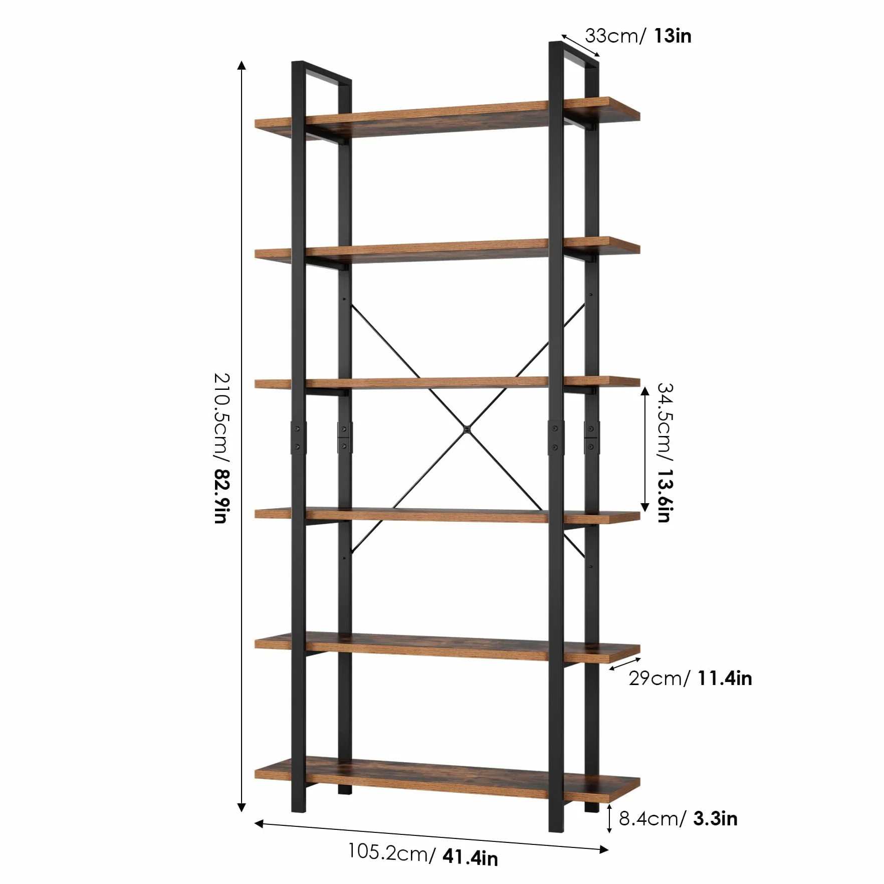 FirFurd Regał na książki, stojący regał z 6 poziomami, Regał do salonu, industrialny, Regał do przechowywania, drewna i metalu, 105,2 x 33 x 210,5cm